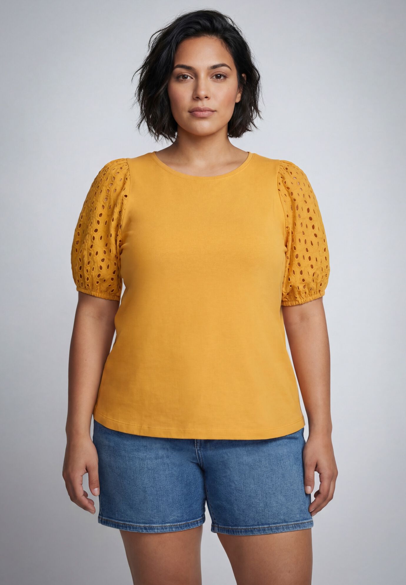 Eyelet Sleeve Tee, SUNSET YELLOW, alternate image number 2