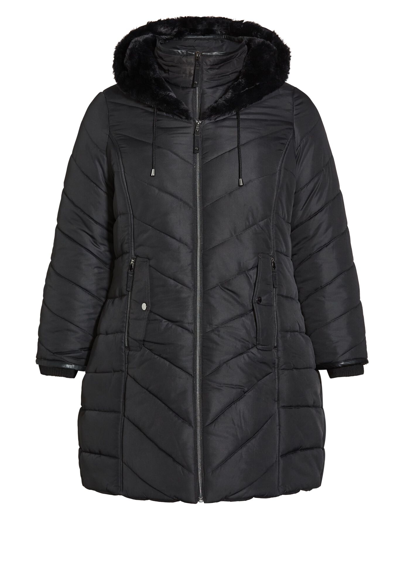 Chevron Faux Fur Hood Long Puffer Coat, BLACK, alternate image number 4