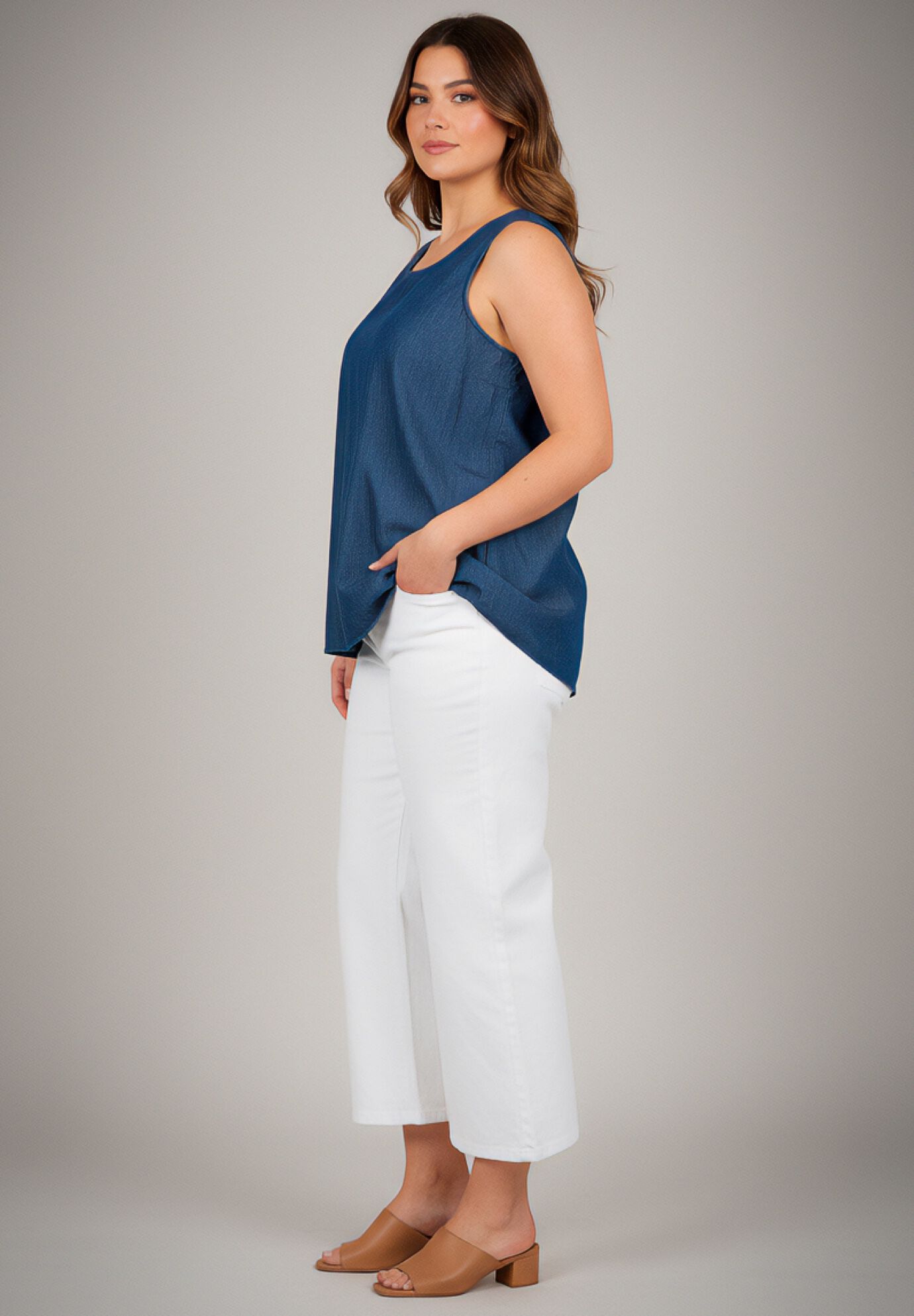 Chambray Sleeveless Tank, DARK WASH, alternate image number 2