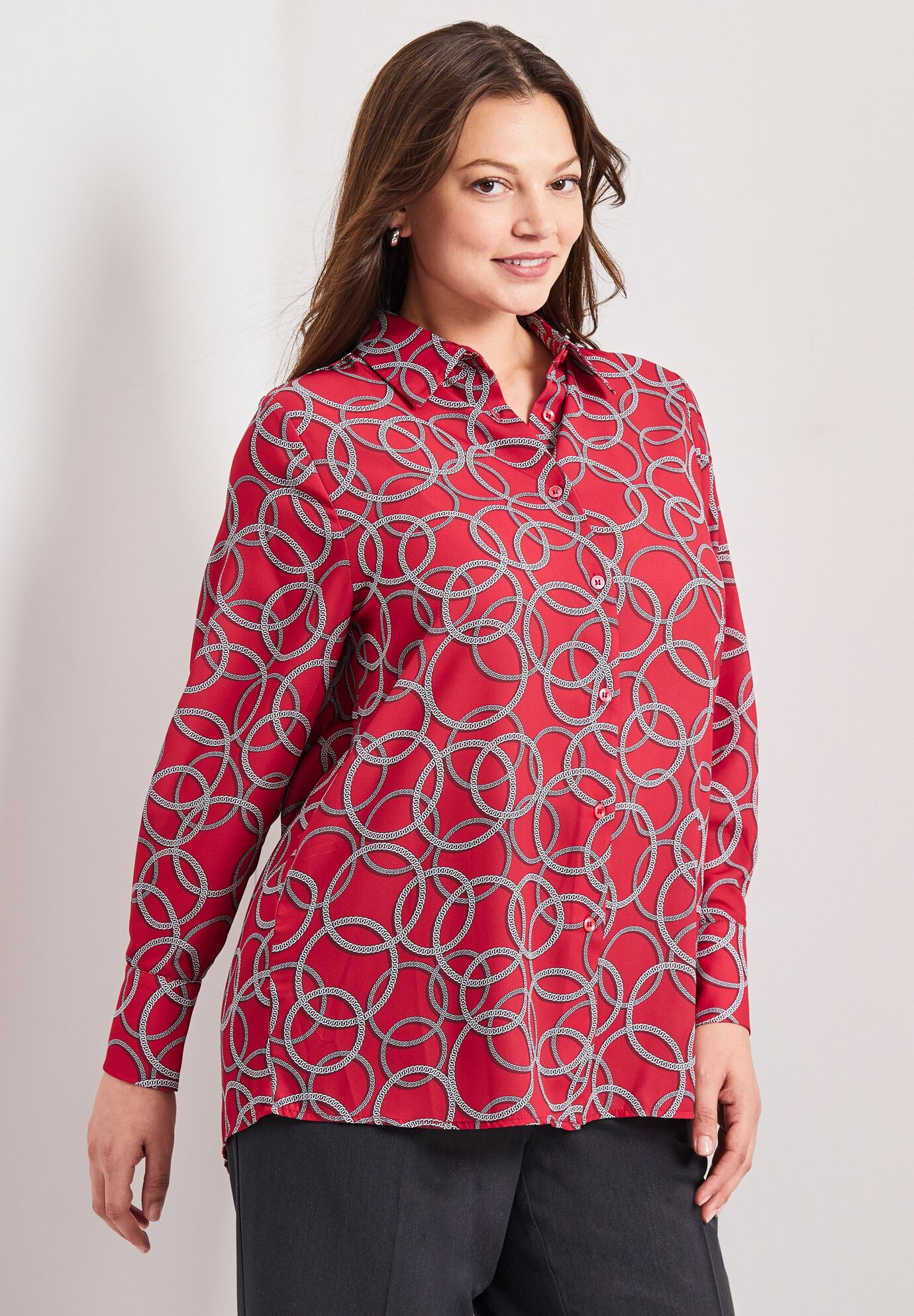Signature Button Front Blouse, VIBRANT RED CIRCLE CHAIN, alternate image number 3