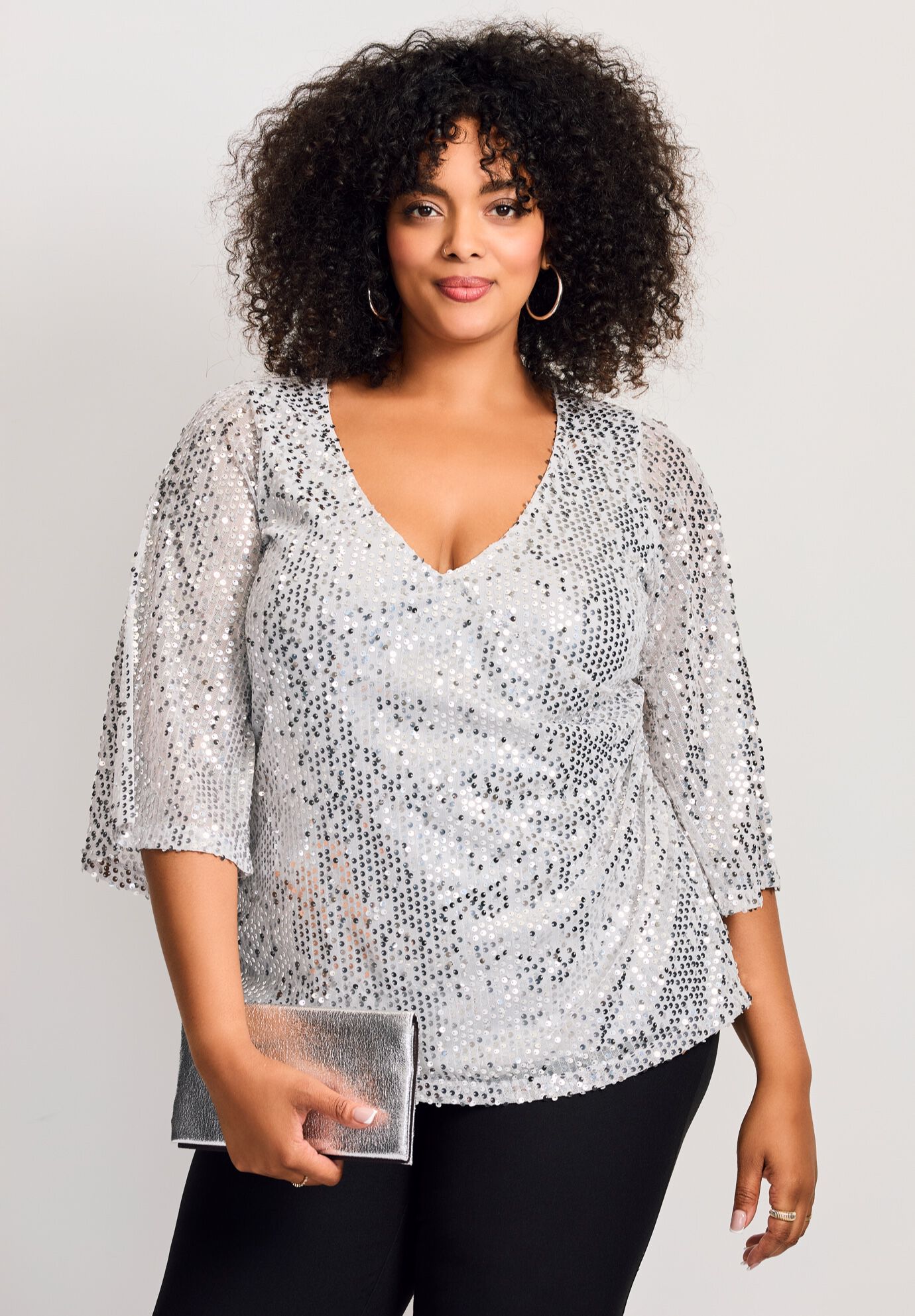Faux Wrap Sequin Top, SILVER SEQUIN, on-hover image number 1