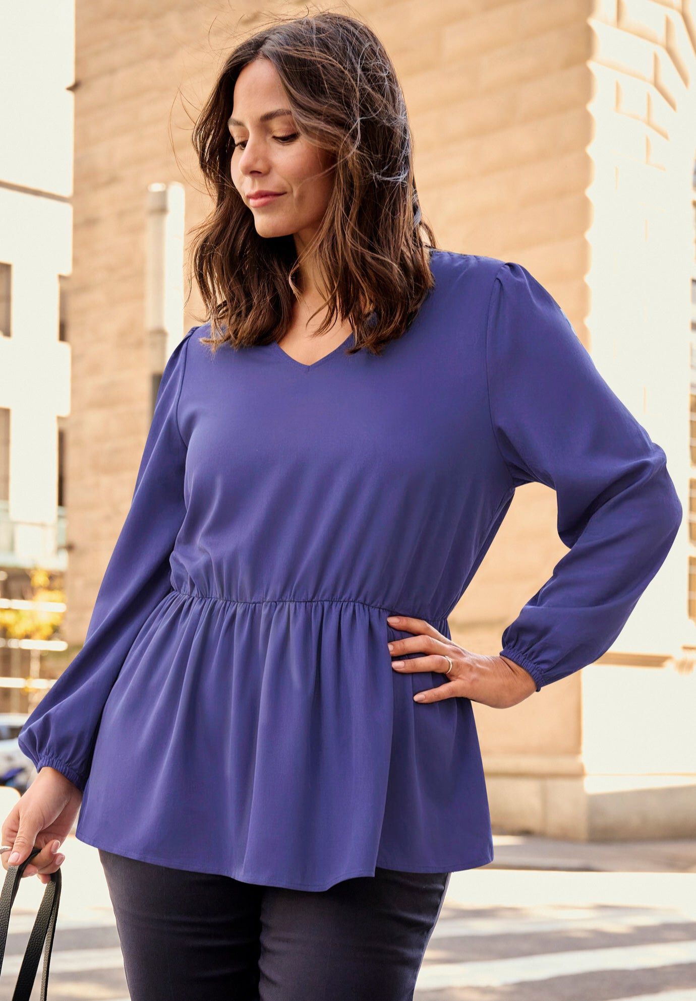 V Neck Blouson Elastic Waist Blouse, DEEP DUSK, hi-res image number 0