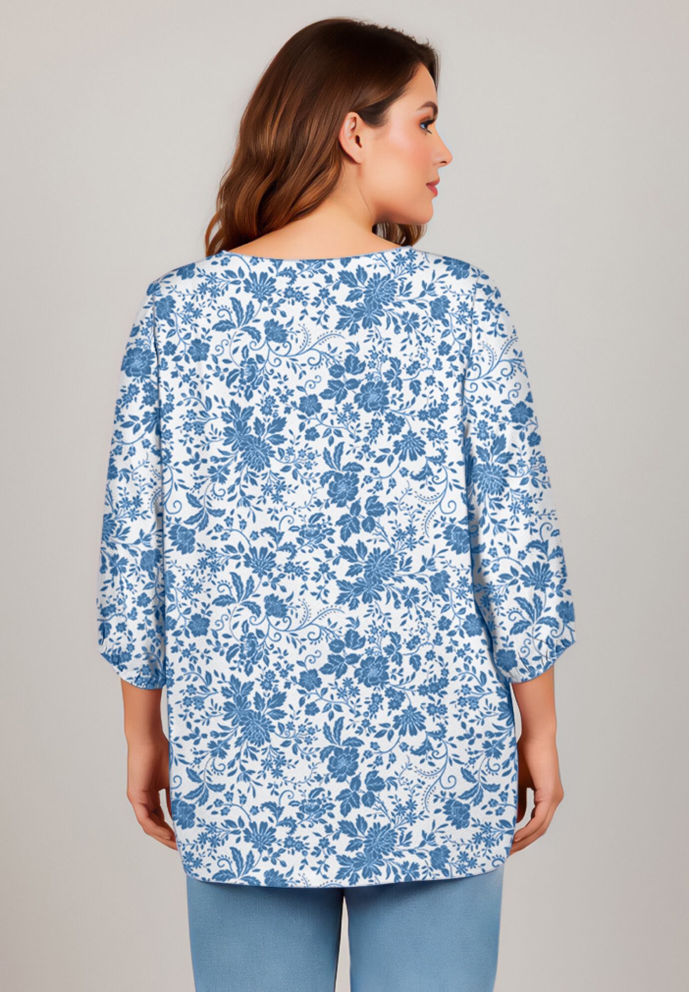 Lace Neckline Peasant Blouse, DUSTY INDIGO TOILE, on-hover image number 1
