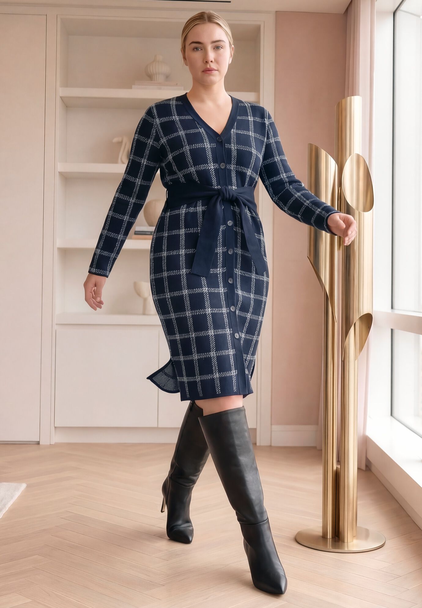 Cardigan Sweater Dress, NAVY WINDOWPANE, alternate image number 3