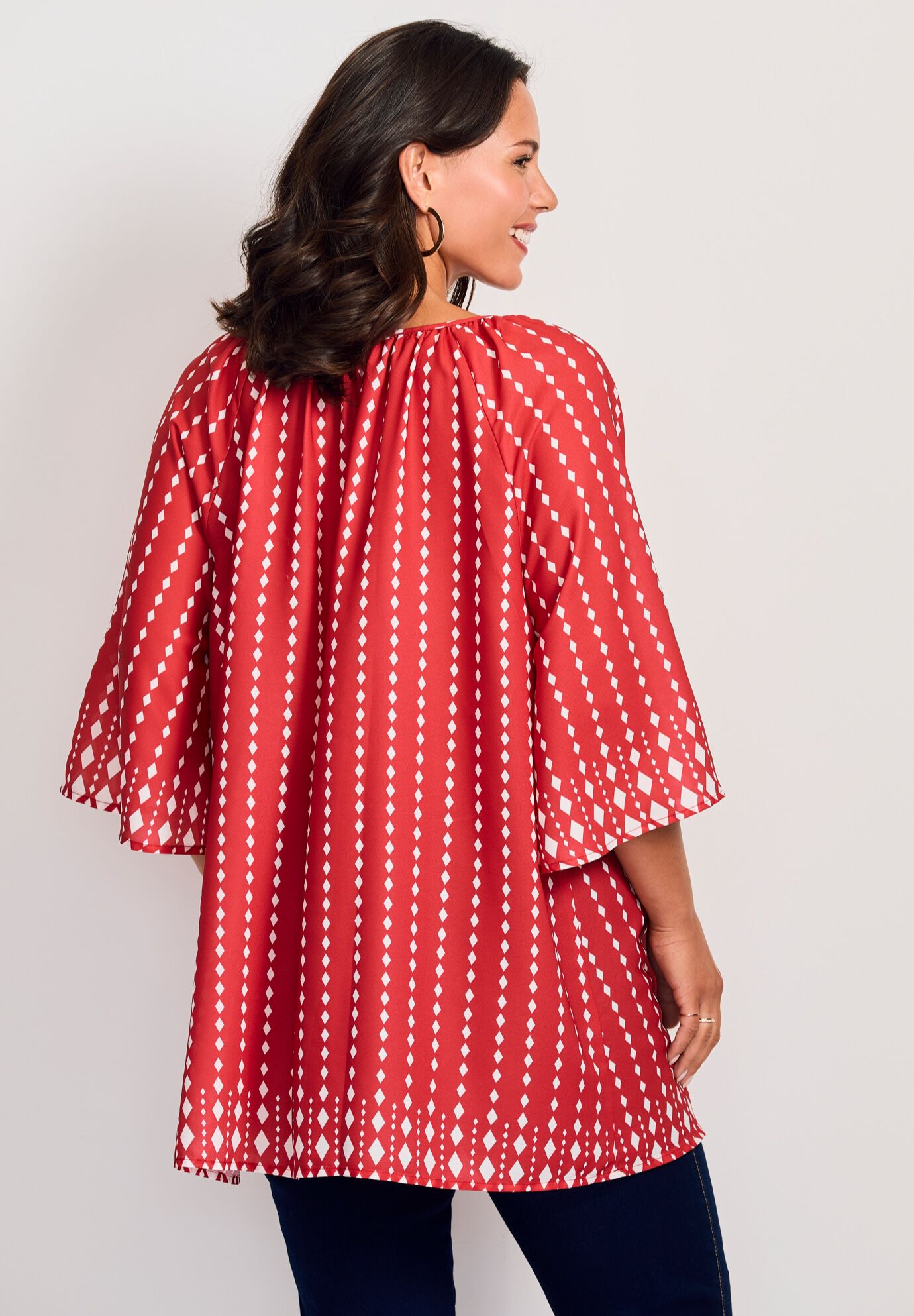Bell Sleeve Keyhole Tie Blouse, RED DIAMOND BORDER, alternate image number 2
