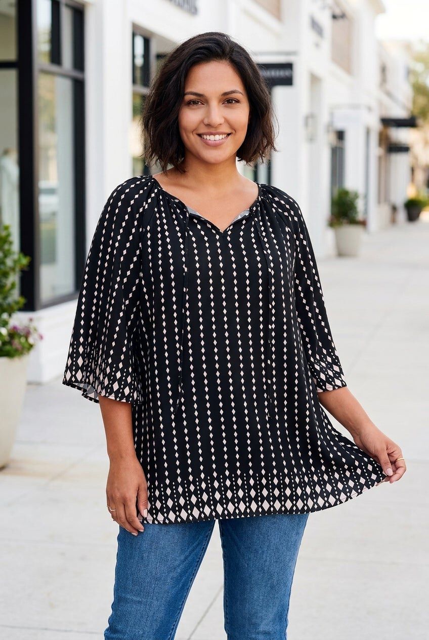 Bell Sleeve Keyhole Tie Blouse, BLACK DIAMOND BORDER, hi-res image number 0