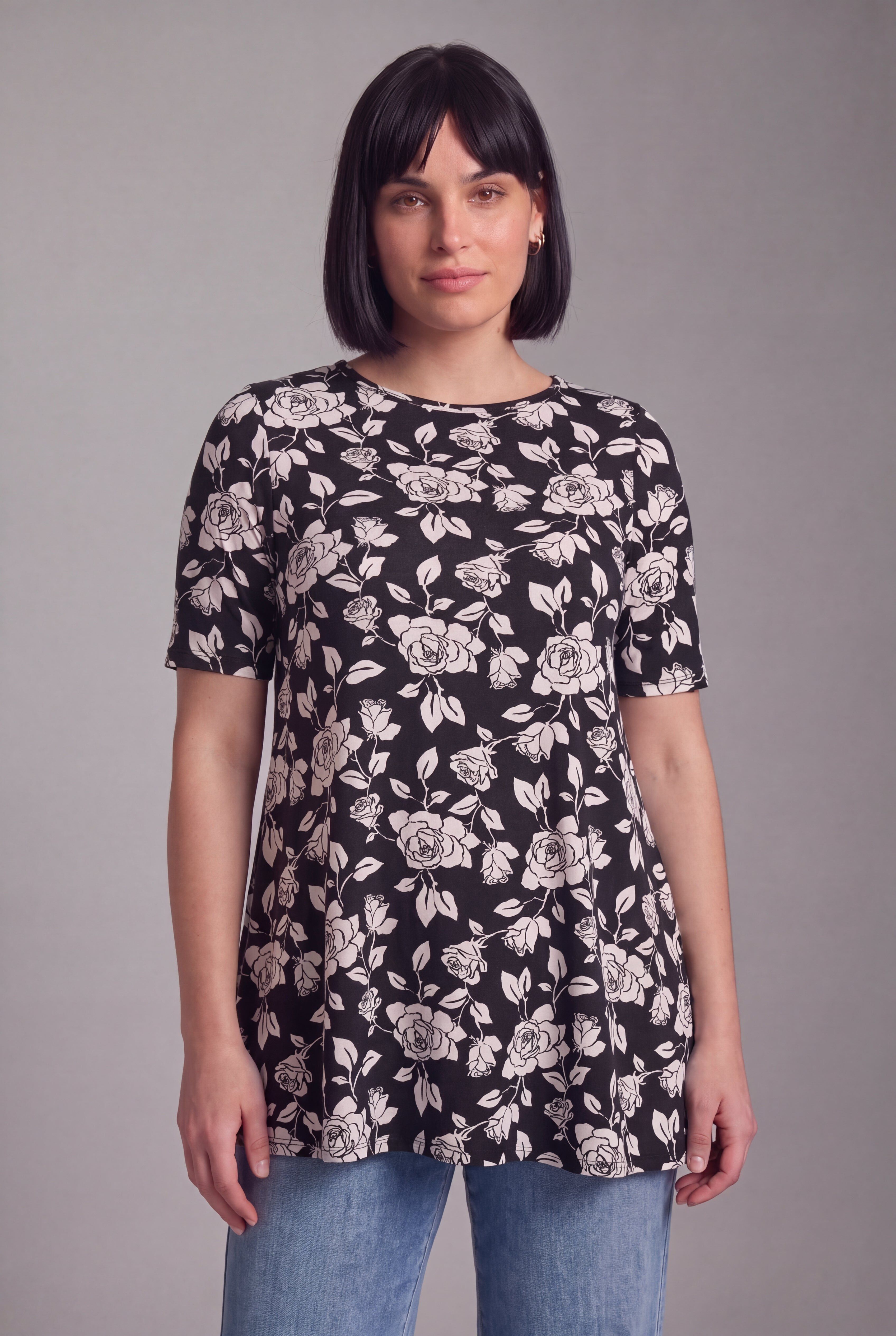 Boatneck Swing Tunic, BLACK PRETTY ROSES, hi-res image number 0