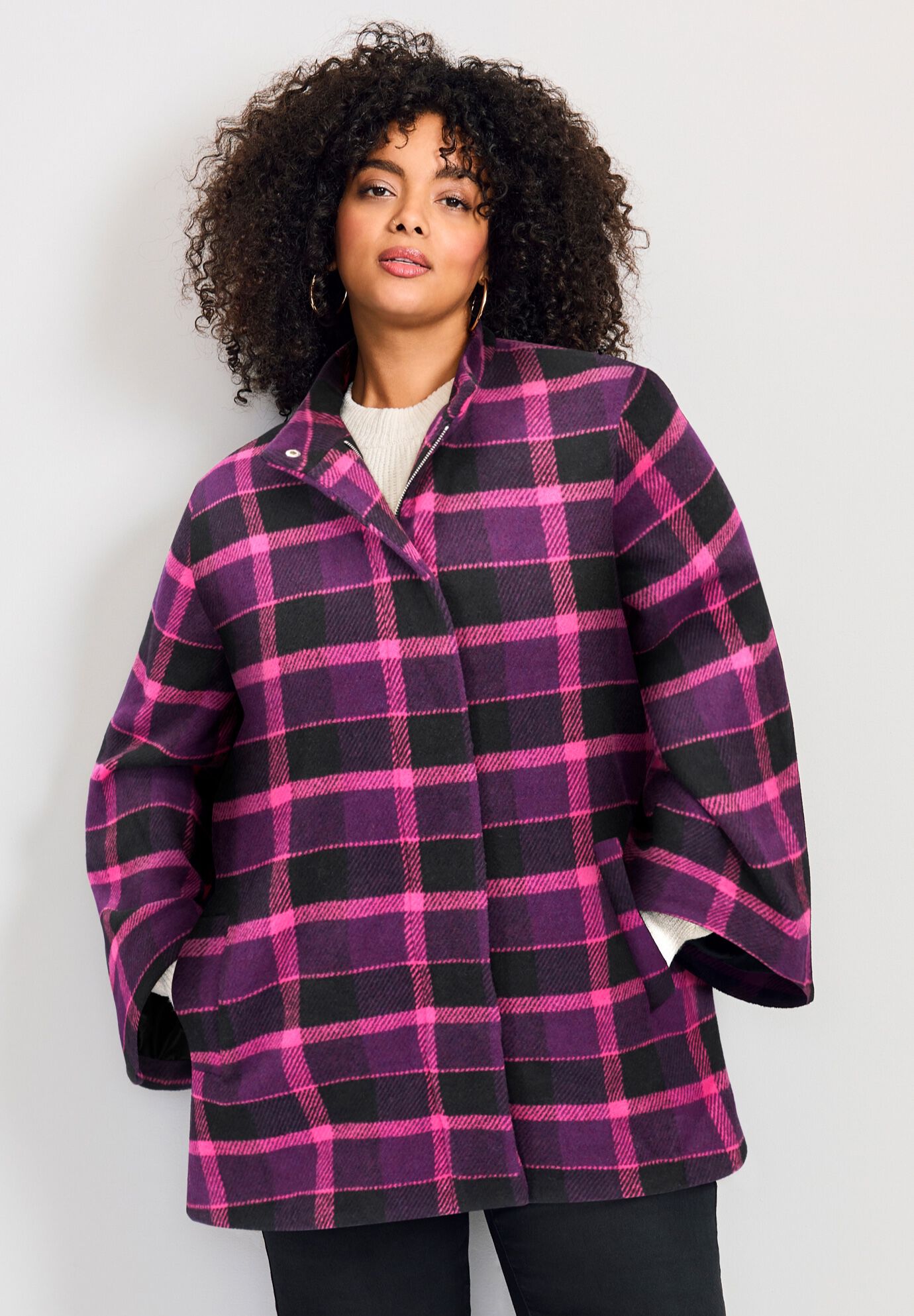 Brushed Wool Cape Coat, BERRY BOLD PLAID, on-hover image number 1