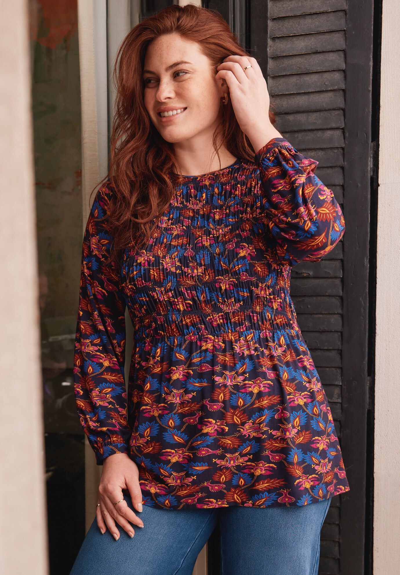 Sela Smocked Long Sleeve Top, NAVY DECO FLORAL, hi-res image number 0