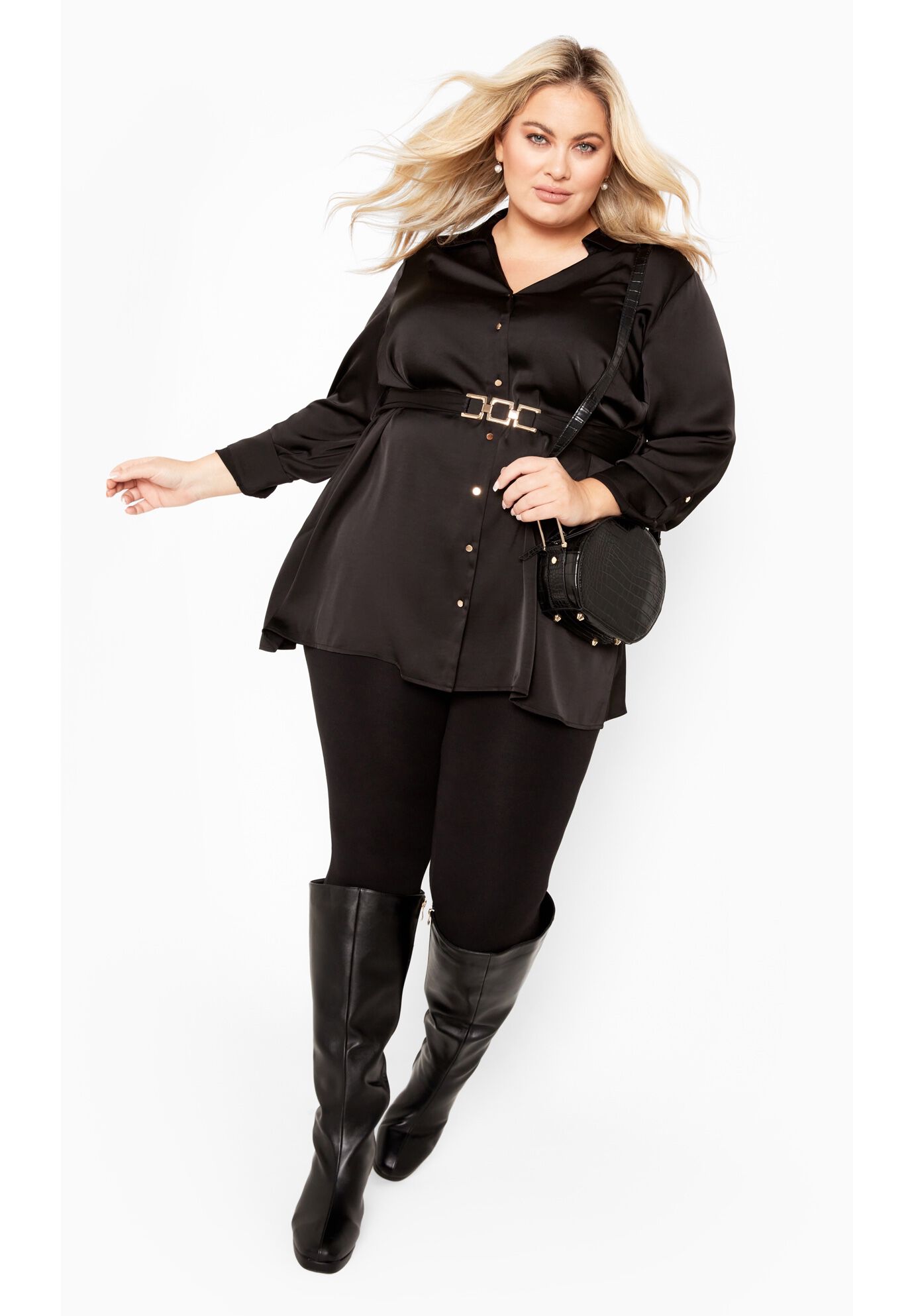 Eva Longline Gold Waist Belt Shirt, BLACK, on-hover image number 1