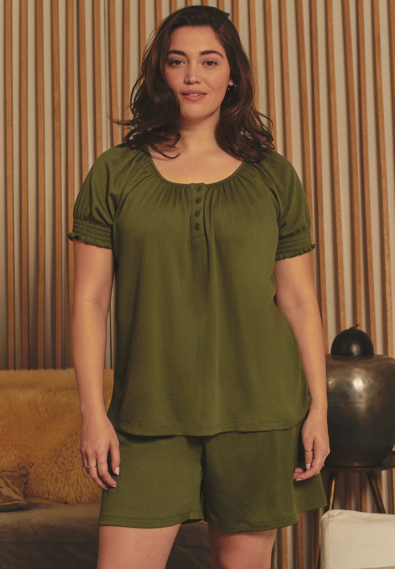 Knit Gauze Puffed Sleeve Top, OLIVE GREEN, hi-res image number 0