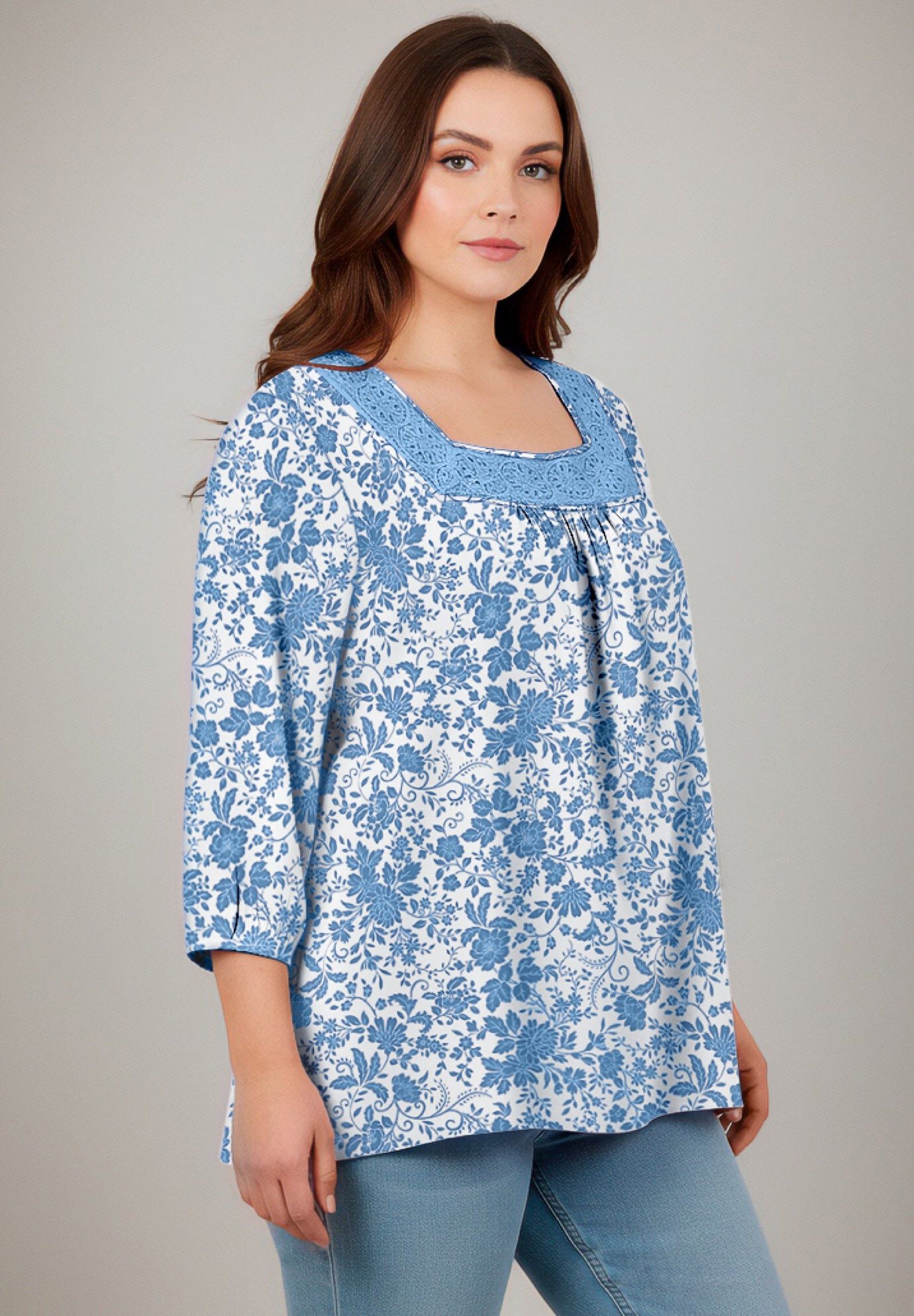 Lace Neckline Peasant Blouse, DUSTY INDIGO TOILE, hi-res image number 0