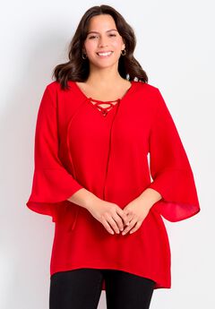 V-Neck Lace-Up Bell Sleeve Tunic
