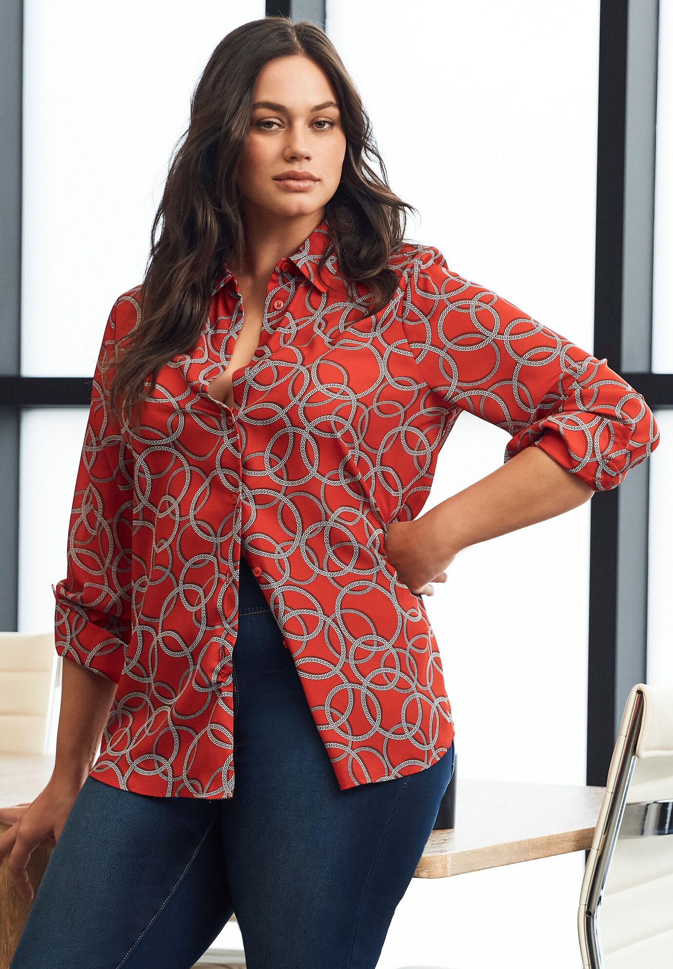 Signature Button Front Blouse, VIBRANT RED CIRCLE CHAIN, alternate image number 5