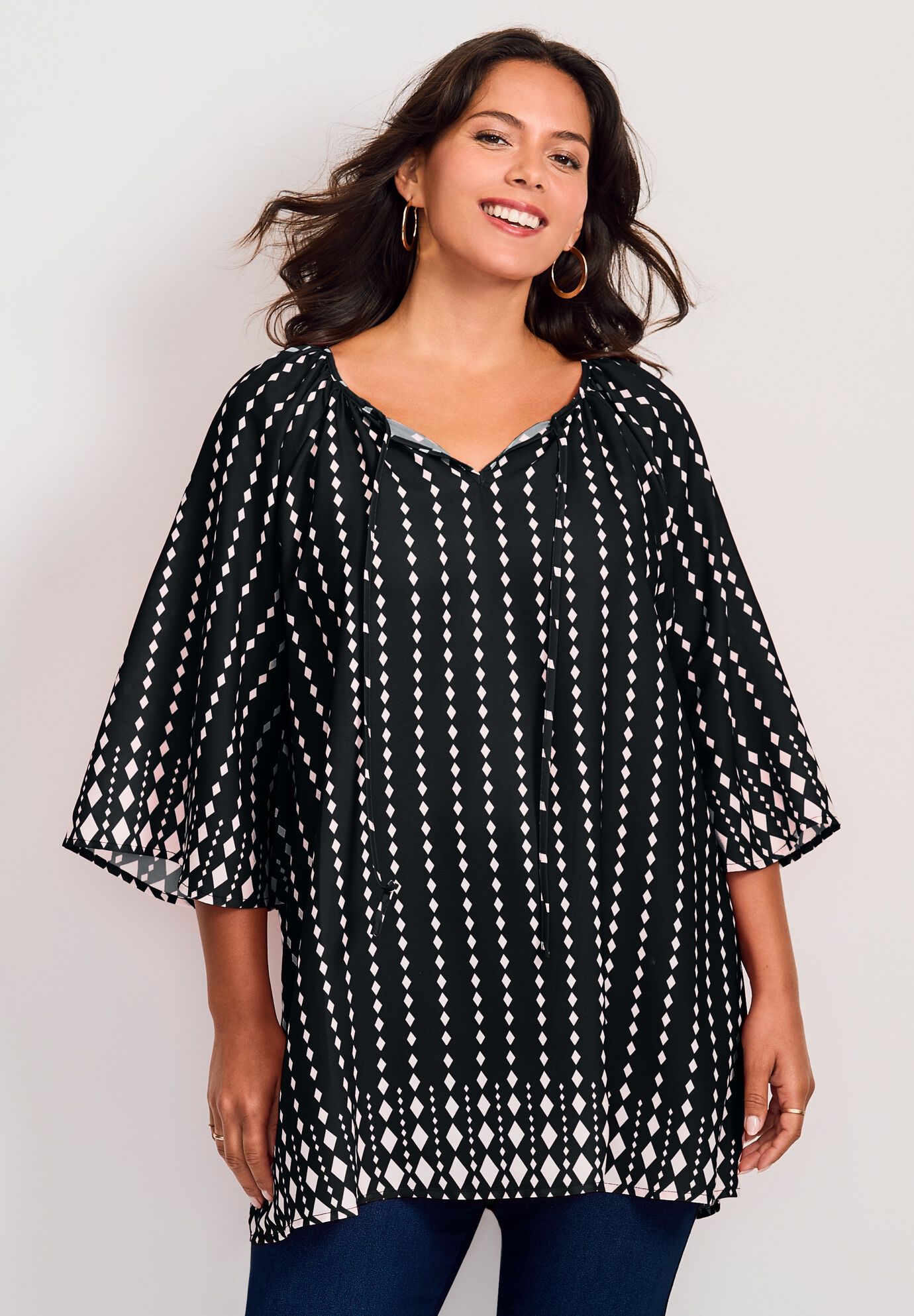 Bell Sleeve Keyhole Tie Blouse, BLACK DIAMOND BORDER, on-hover image number 1