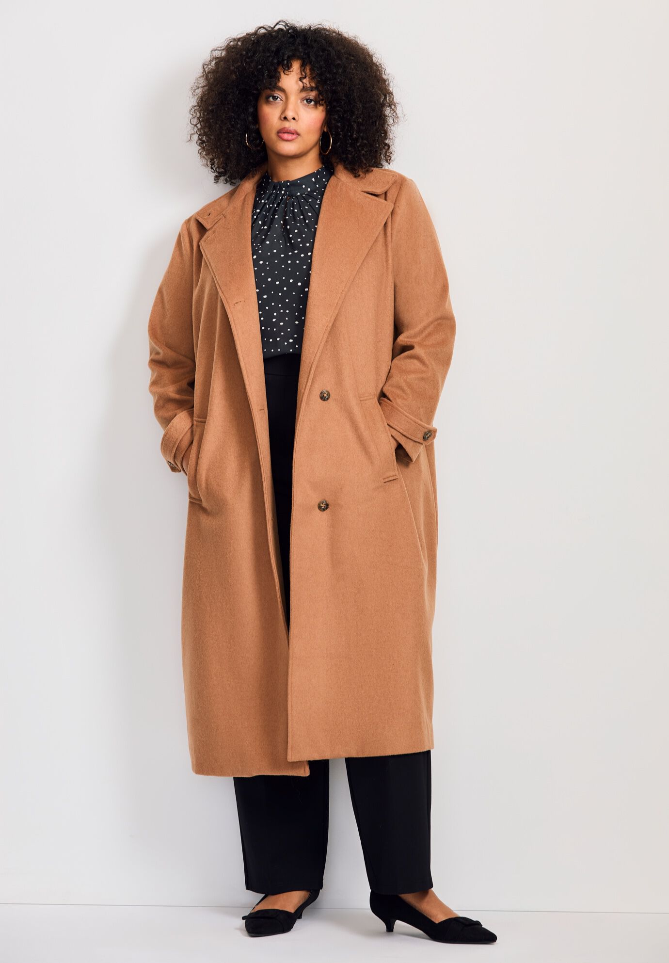 Funnel Neck Long Coat, SOFT CAMEL, on-hover image number 1