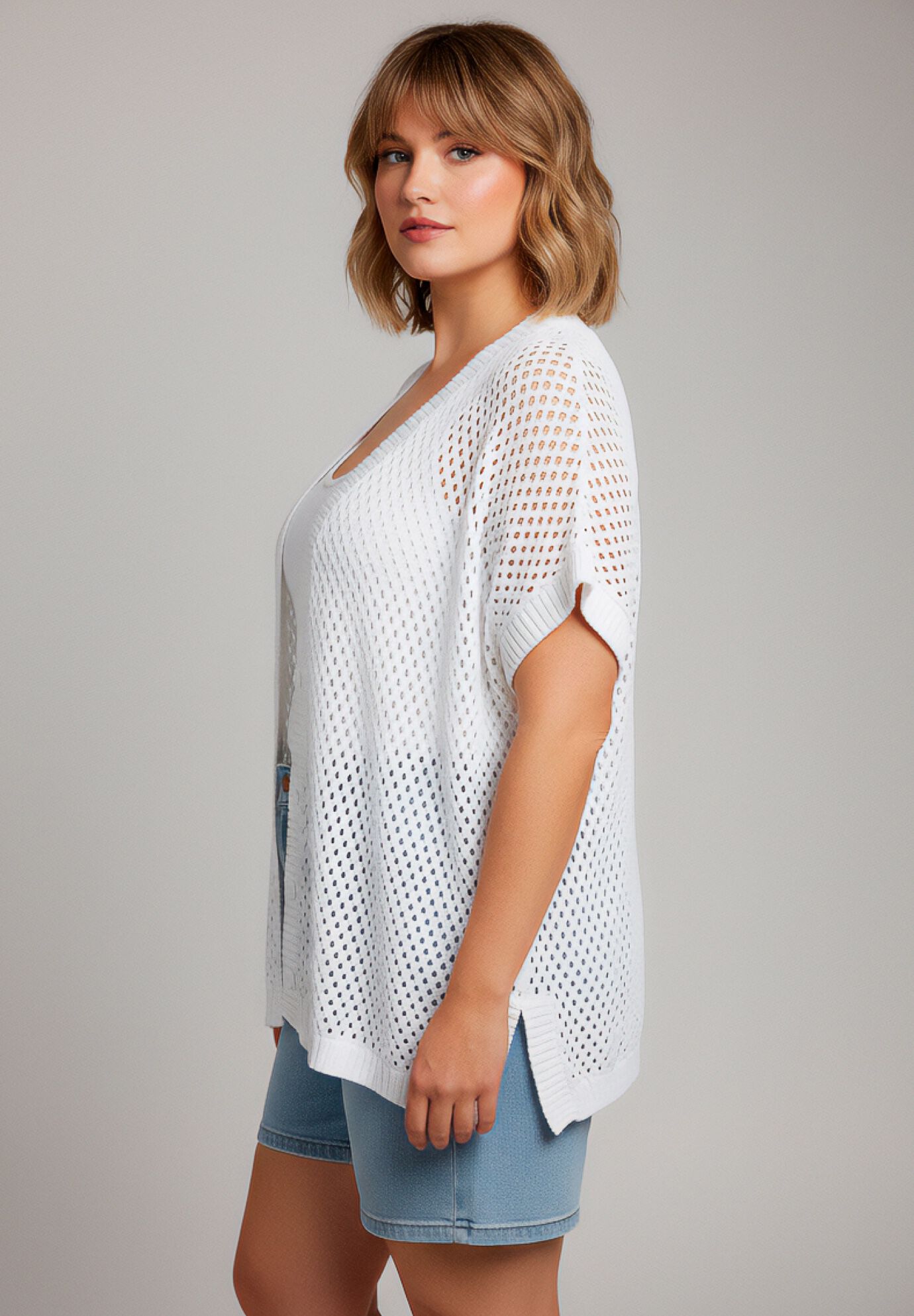 Short Sleeve Button Front Cardigan, WHITE, alternate image number 4