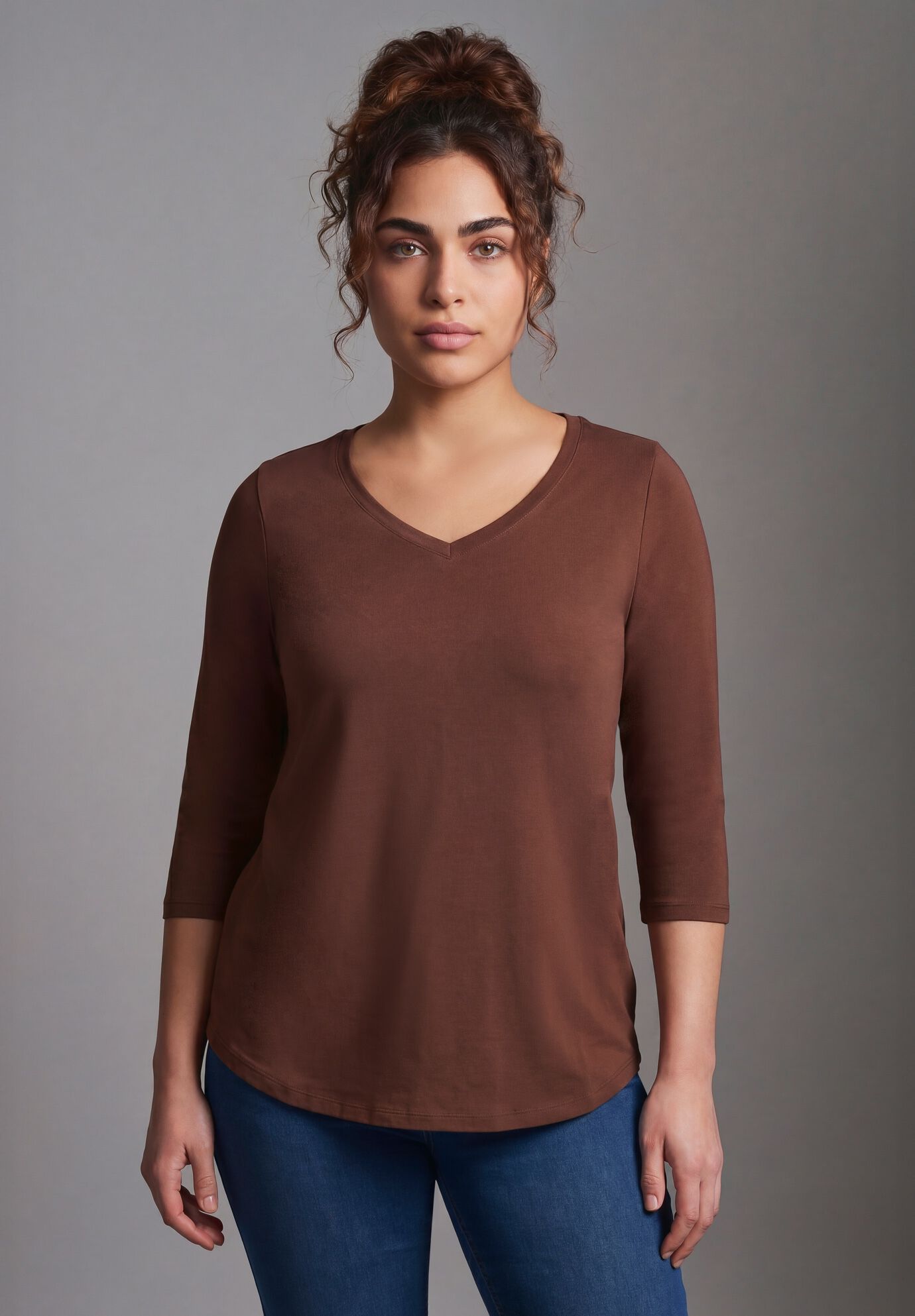 Signature 3/4 Sleeve V-Neck Tee, RICH MOCHA, hi-res image number 0