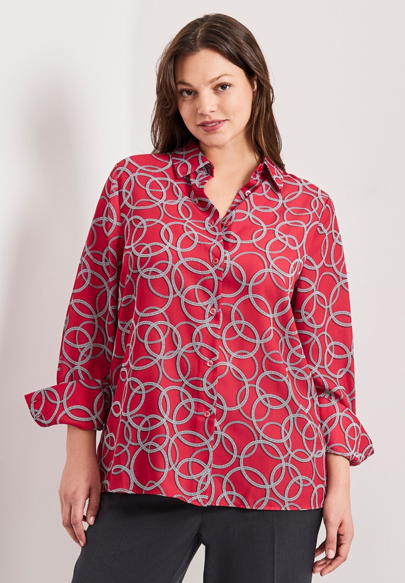 Signature Button Front Blouse, VIBRANT RED CIRCLE CHAIN, on-hover image number 1
