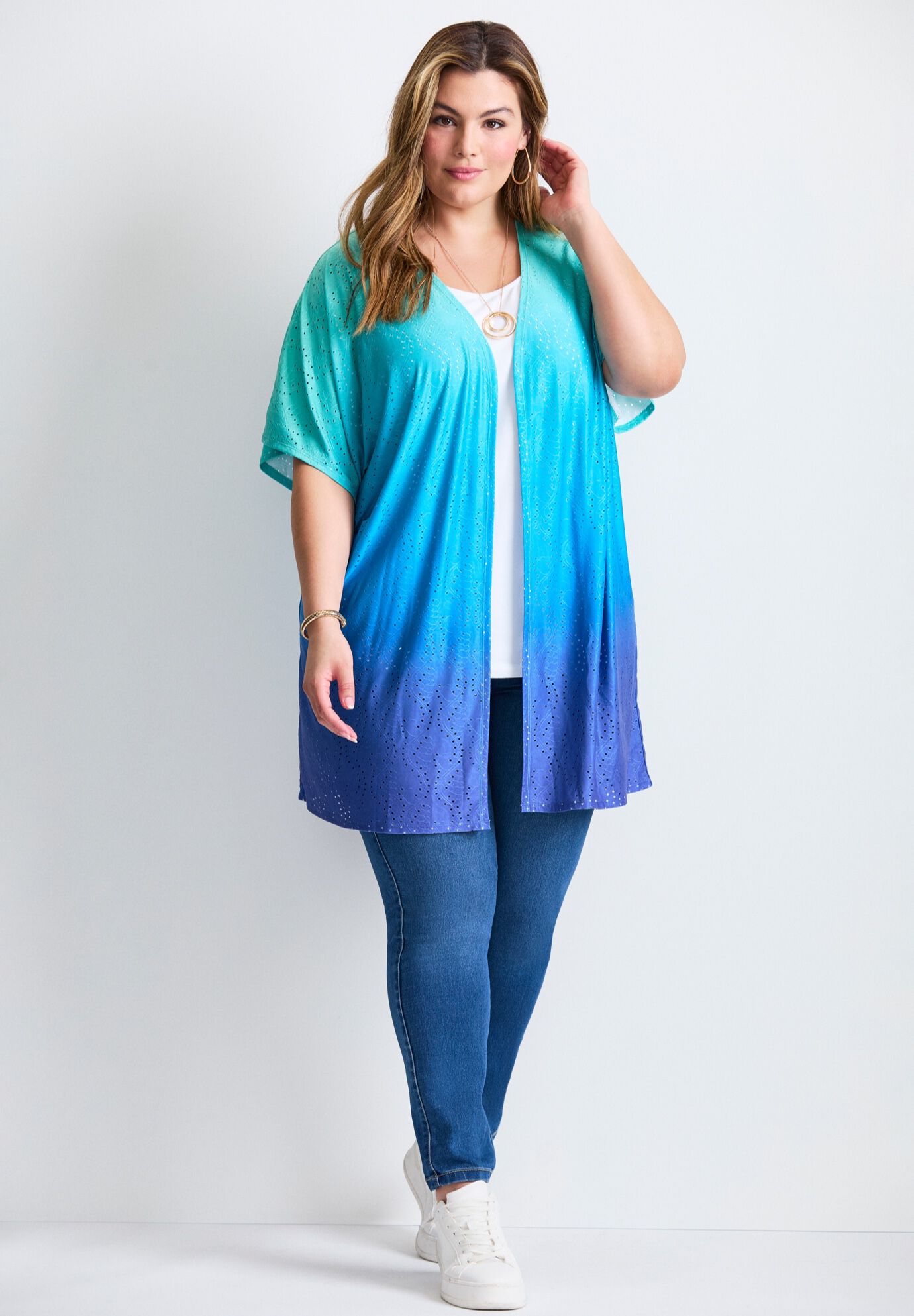 Knit Eyelet Kimono, COOL BOLD OMBRE, on-hover image number 1