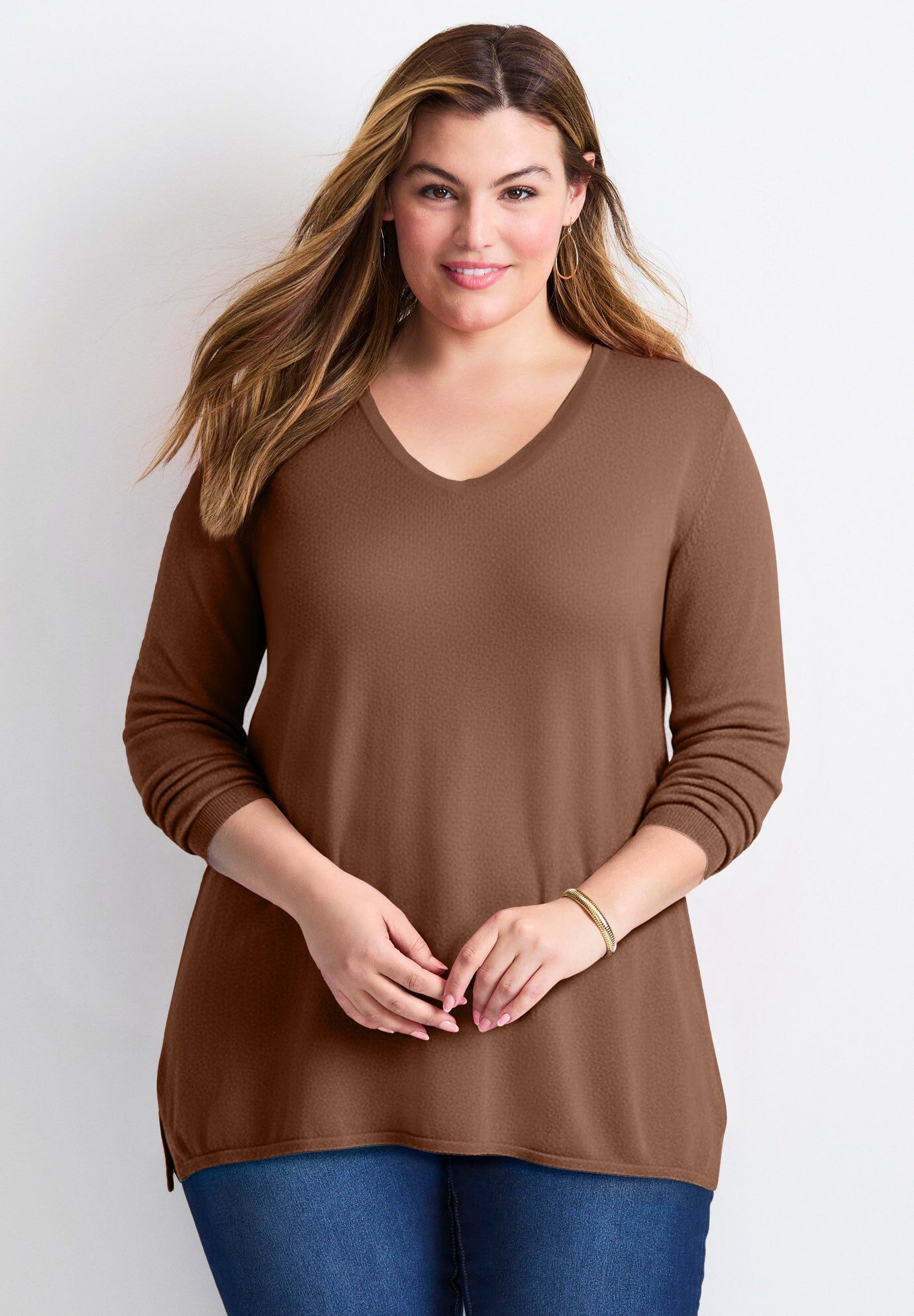 V-Neck Tunic Sweater, DEEP MOCHA, hi-res image number 0