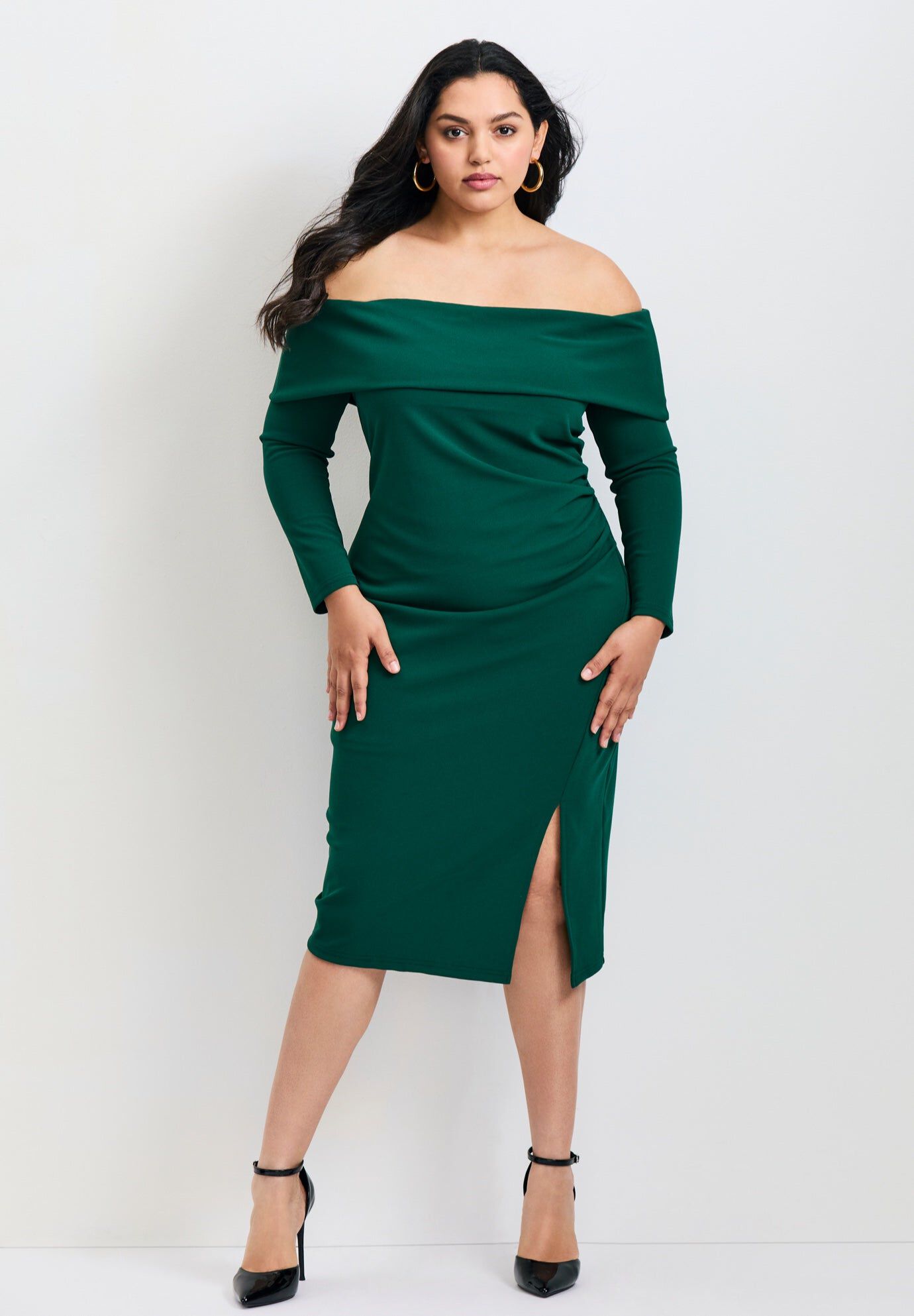 Collette Off Shoulder Gathered Waist Dress, EMERALD, hi-res image number 0