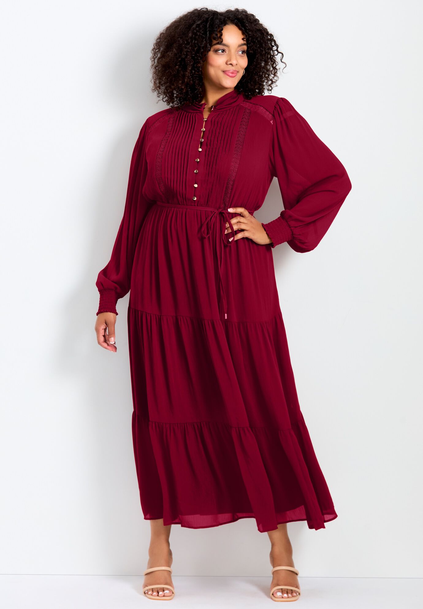 Jasmine Long Sleeve Tiered Maxi Dress, RICH BURGUNDY, on-hover image number 1