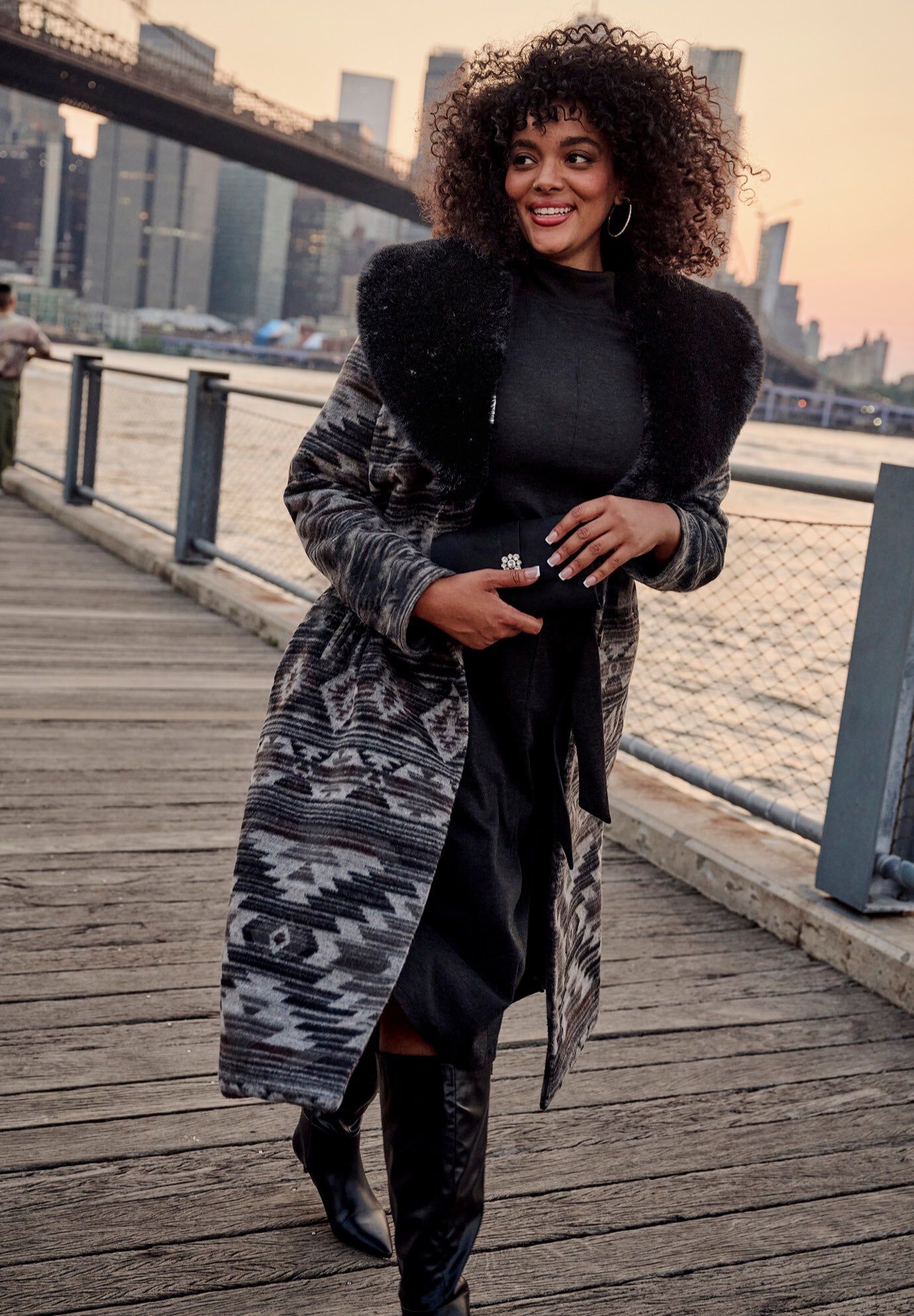 Faux Fur Trim Coat, BLACK AZTEC GEO, hi-res image number 0