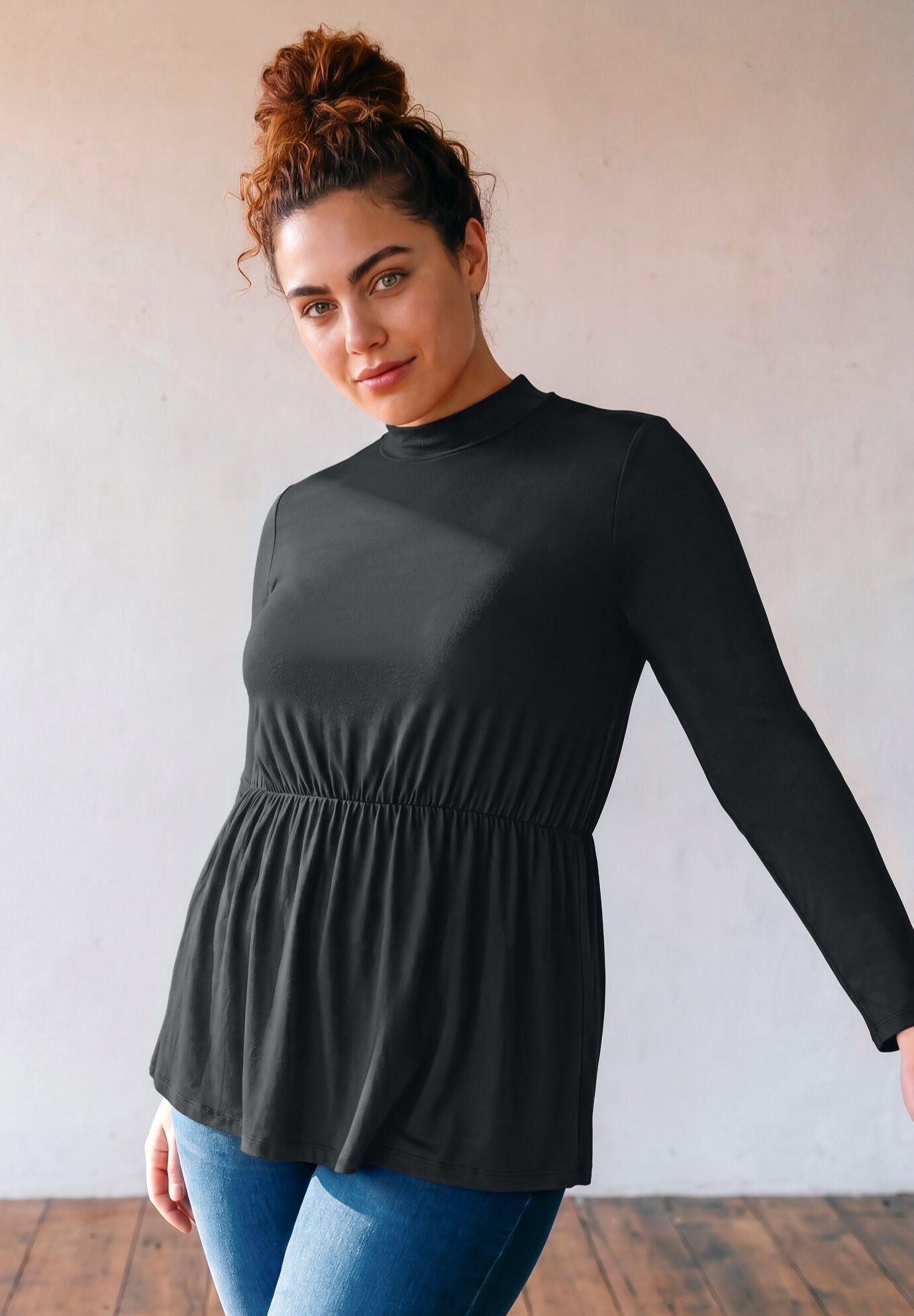 Flowy Peplum Top, BLACK, on-hover image number 1