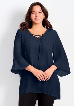 V-Neck Lace-Up Bell Sleeve Tunic