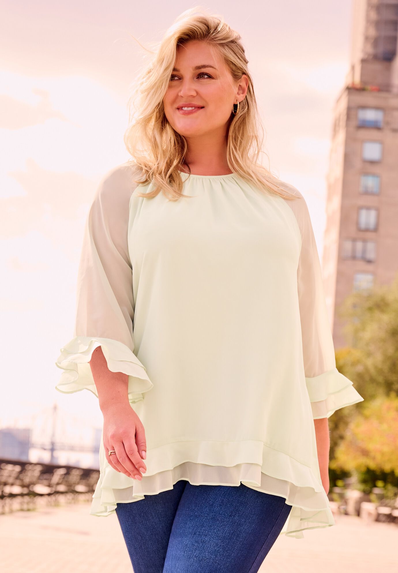 Ruffle Sleeve And Hem Blouse, IVORY, on-hover image number 1