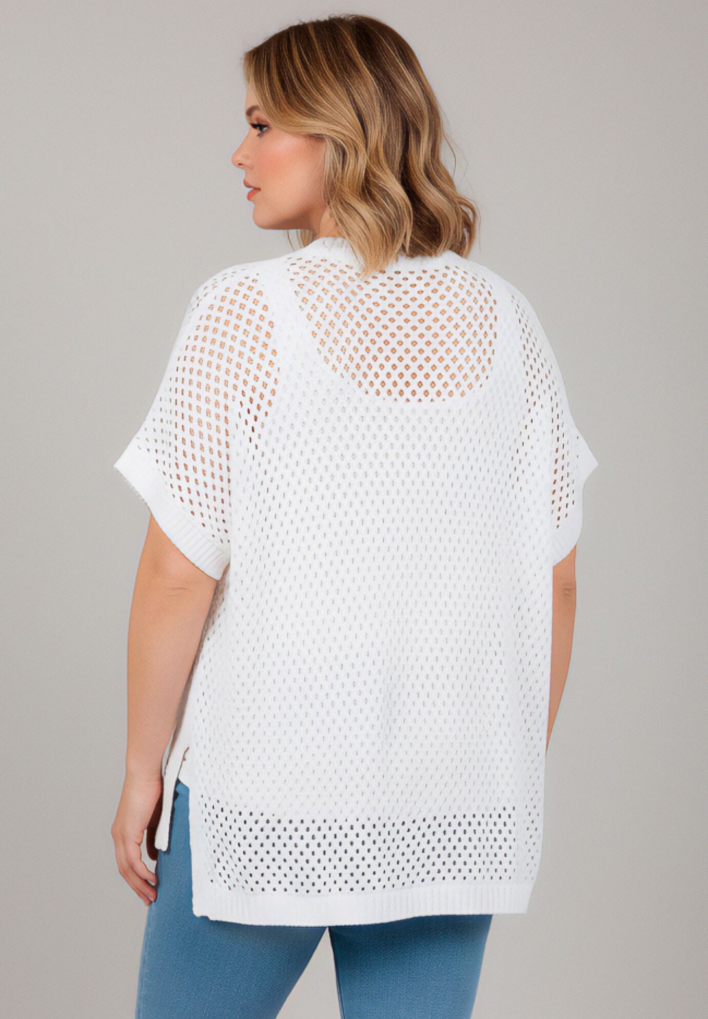 Short Sleeve Button Front Cardigan, WHITE, alternate image number 3