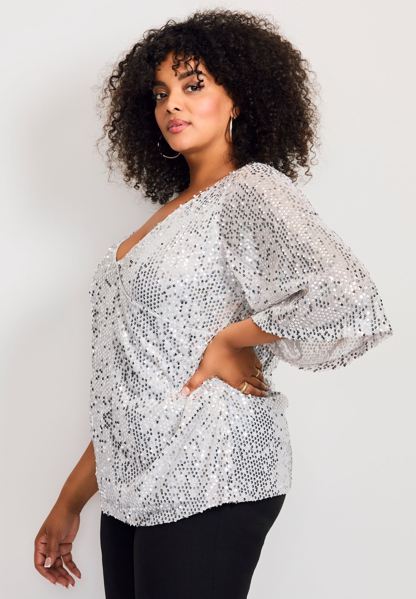 Faux Wrap Sequin Top, SILVER SEQUIN, alternate image number 3