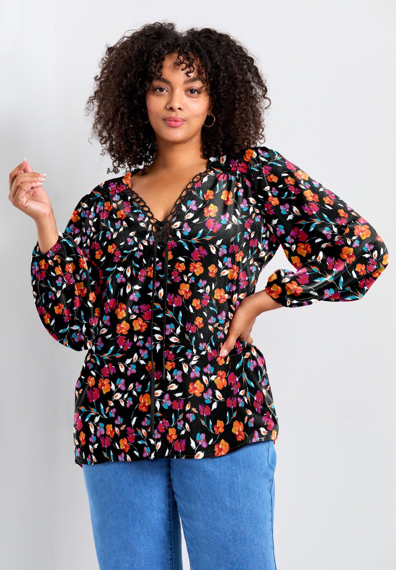 Scallop Trim Peasant Blouse, MULTI FIELD FLORAL, hi-res image number 0