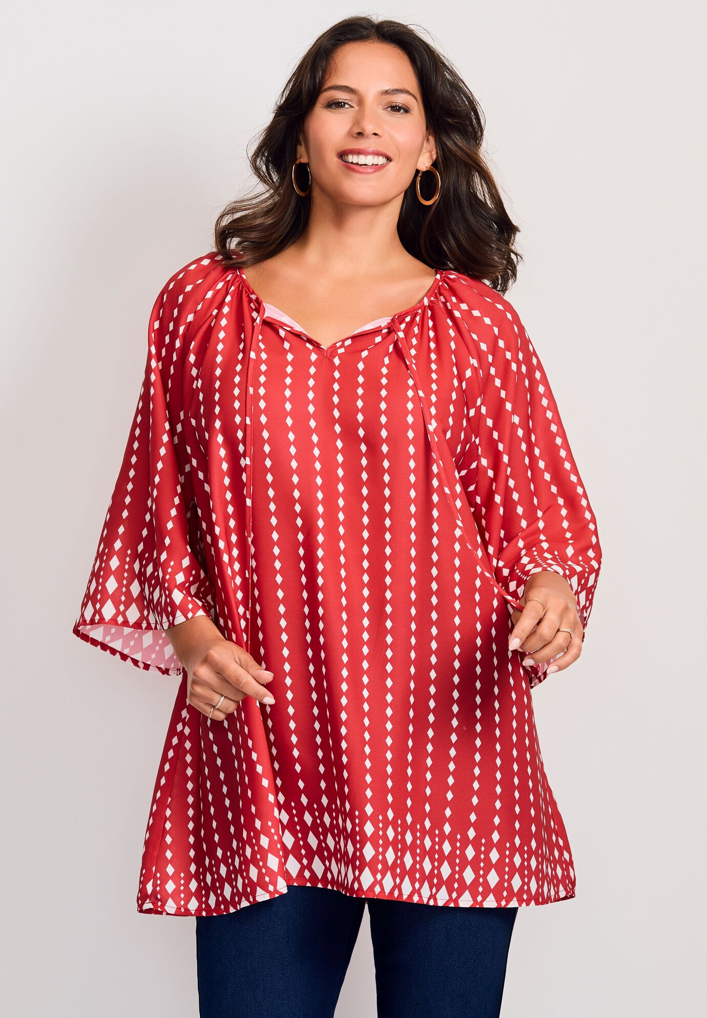 Bell Sleeve Keyhole Tie Blouse, RED DIAMOND BORDER, alternate image number 3