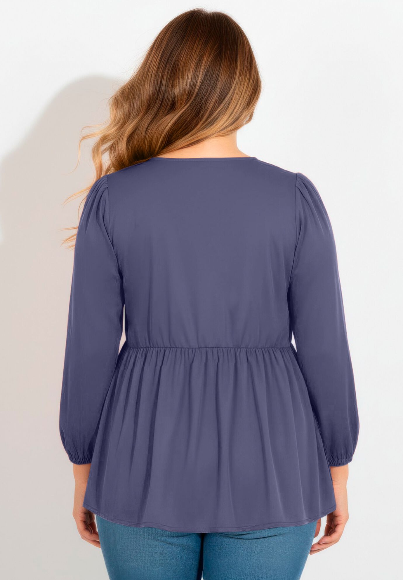 V Neck Blouson Elastic Waist Blouse, DEEP DUSK, alternate image number 2