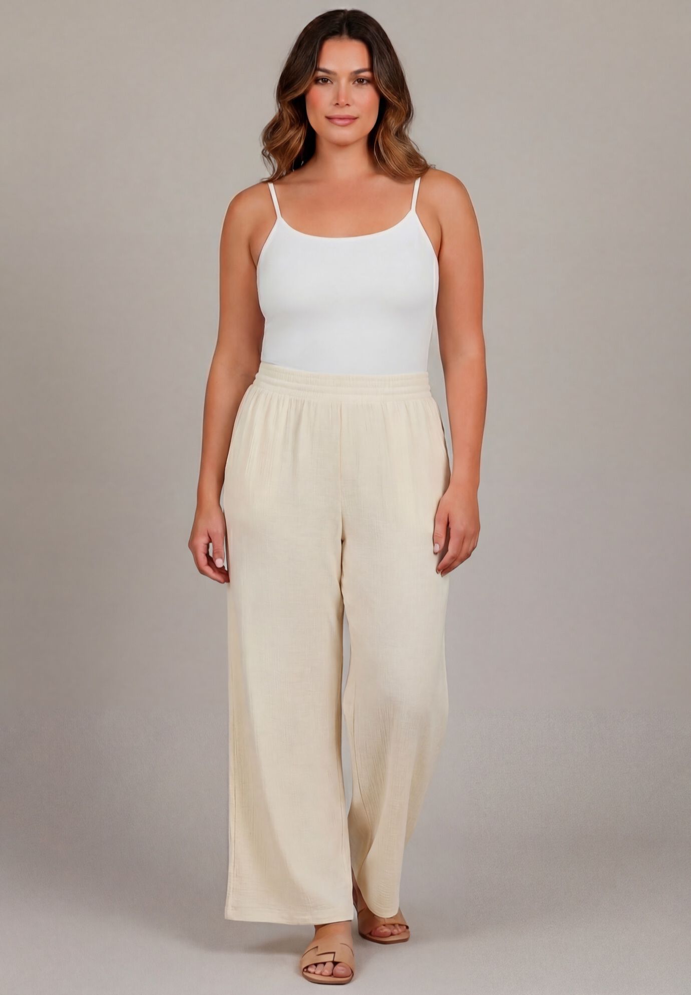 Knit Gauze Smocked Wide-Leg Pants, IVORY, alternate image number 4