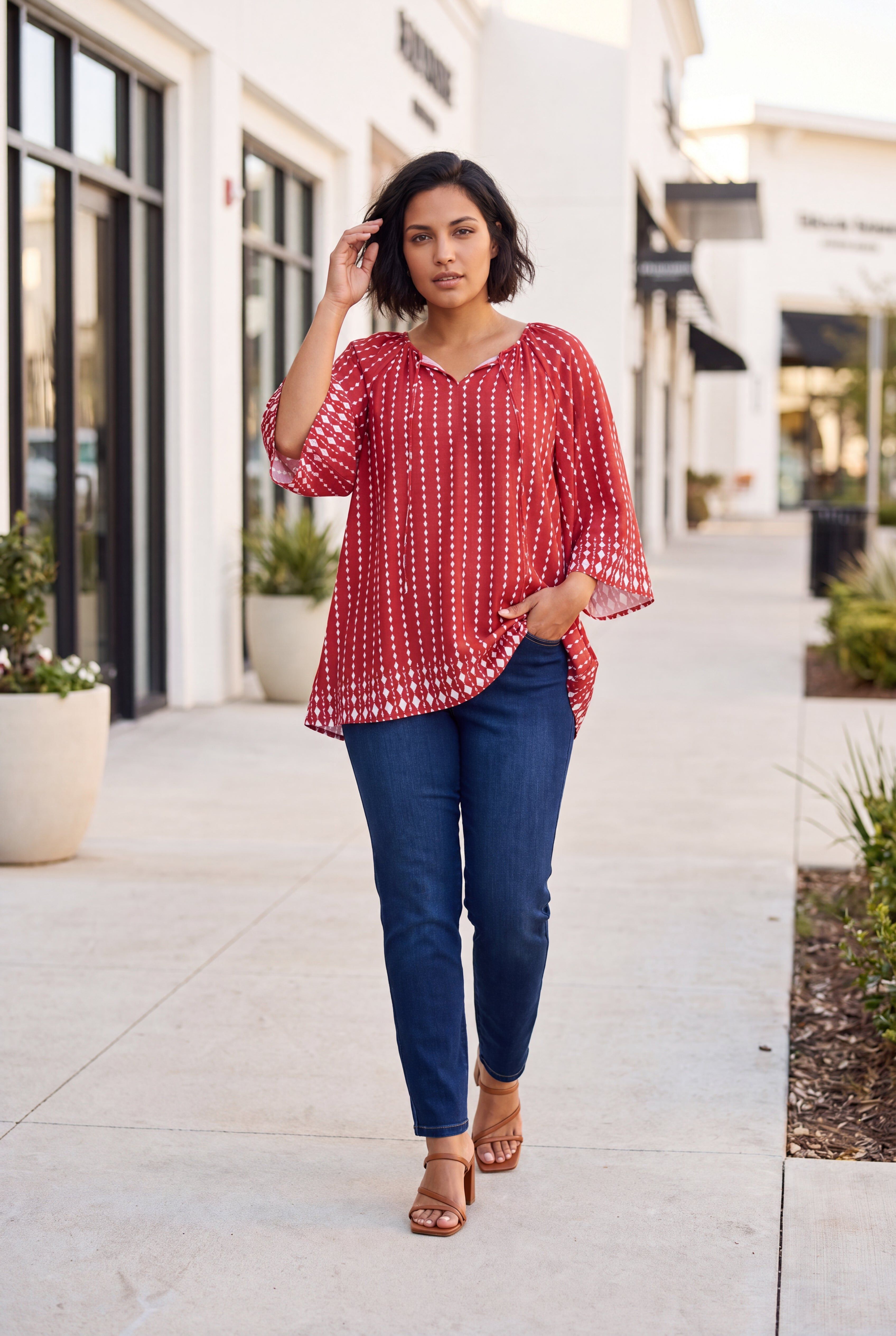 Bell Sleeve Keyhole Tie Blouse, RED DIAMOND BORDER, hi-res image number 0