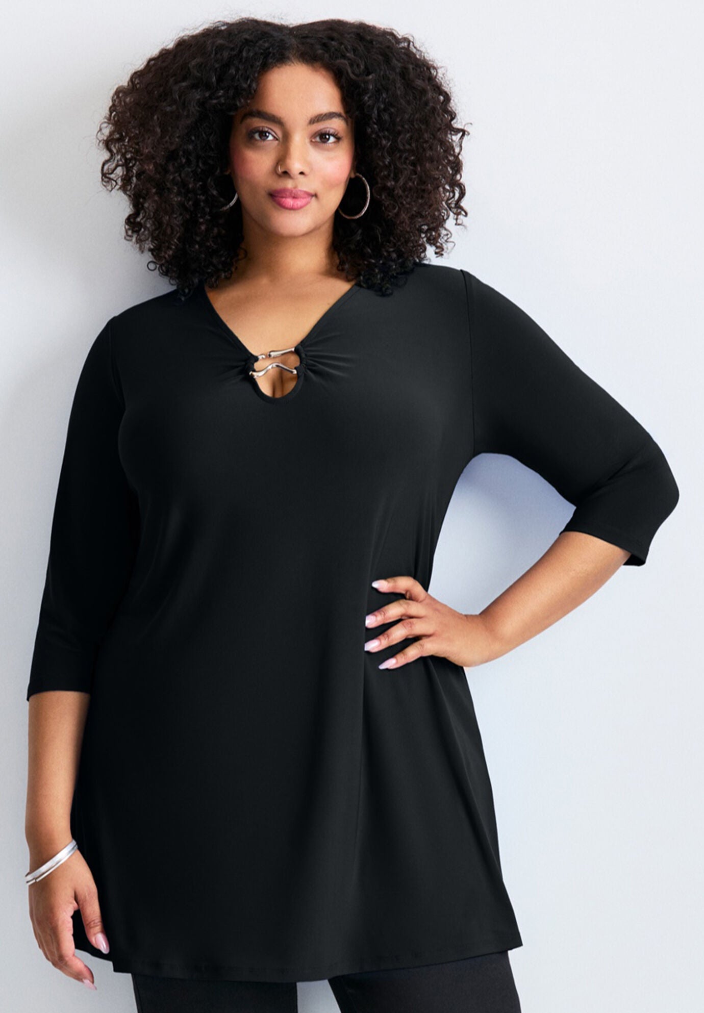 Ring Detail Tunic Top, BLACK, on-hover image number 1