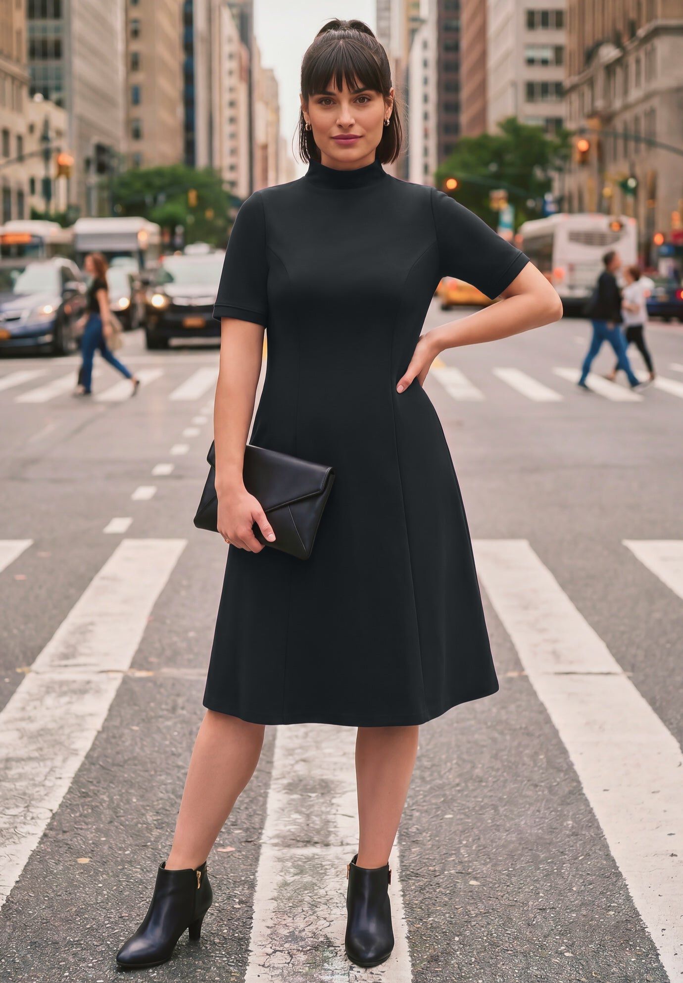 Ponte Fit & Flare Dress, BLACK, hi-res image number 0