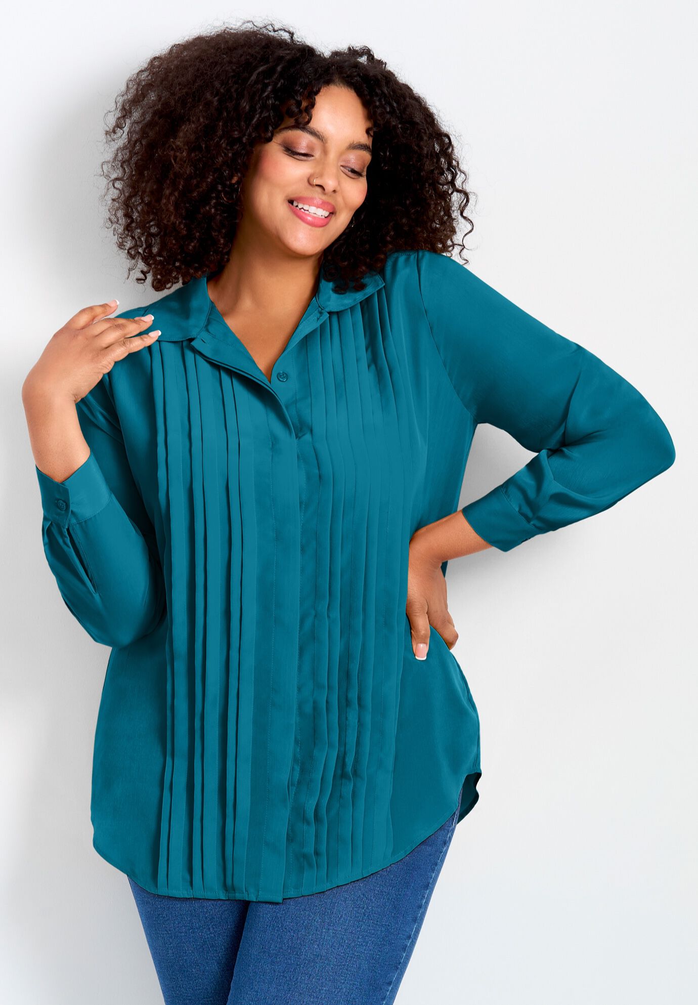 Pleated Button Down Shirt, DEEP TEAL, on-hover image number 1