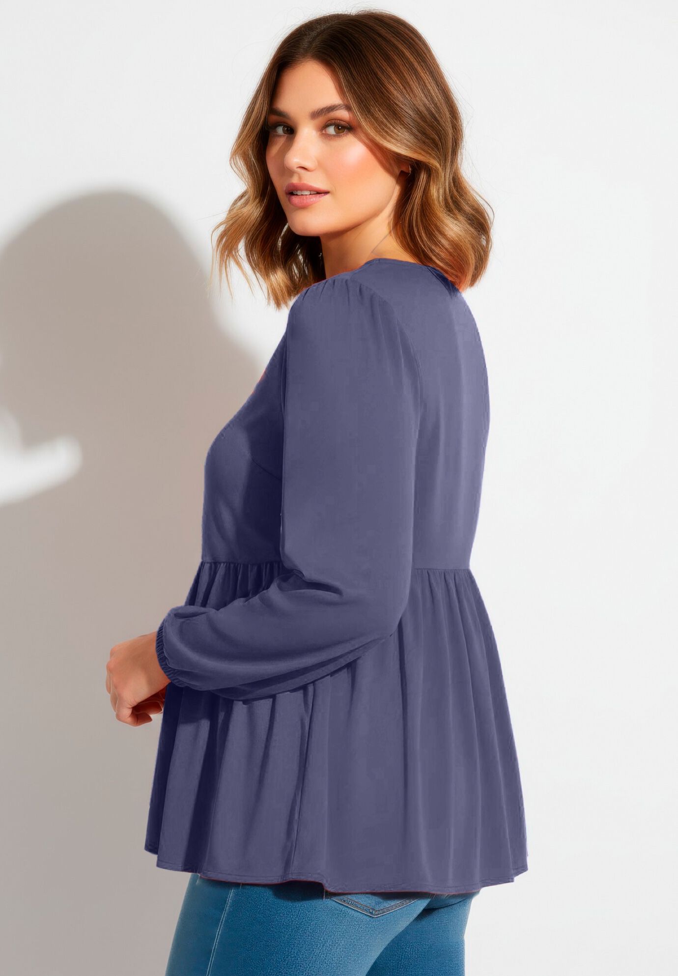 V Neck Blouson Elastic Waist Blouse, DEEP DUSK, alternate image number 3