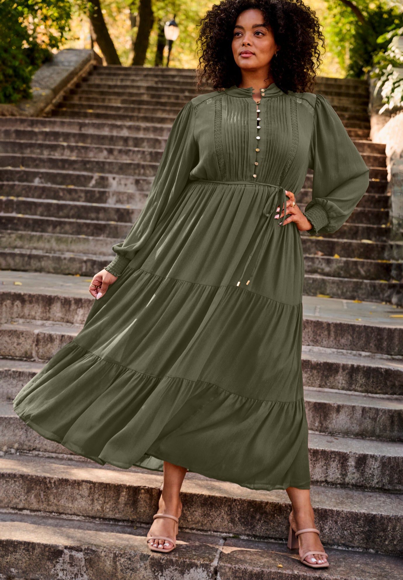 Jasmine Long Sleeve Tiered Maxi Dress, OLIVE, hi-res image number 0