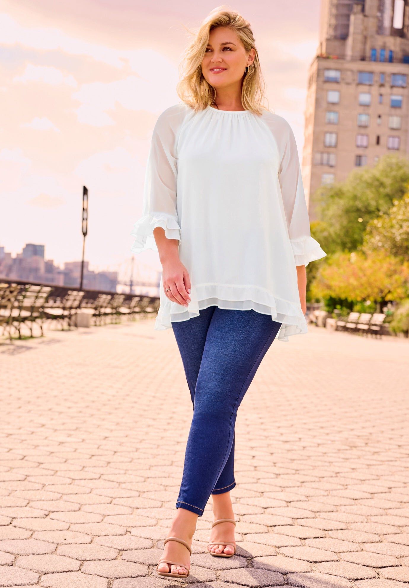Ruffle Sleeve And Hem Blouse, IVORY, hi-res image number 0