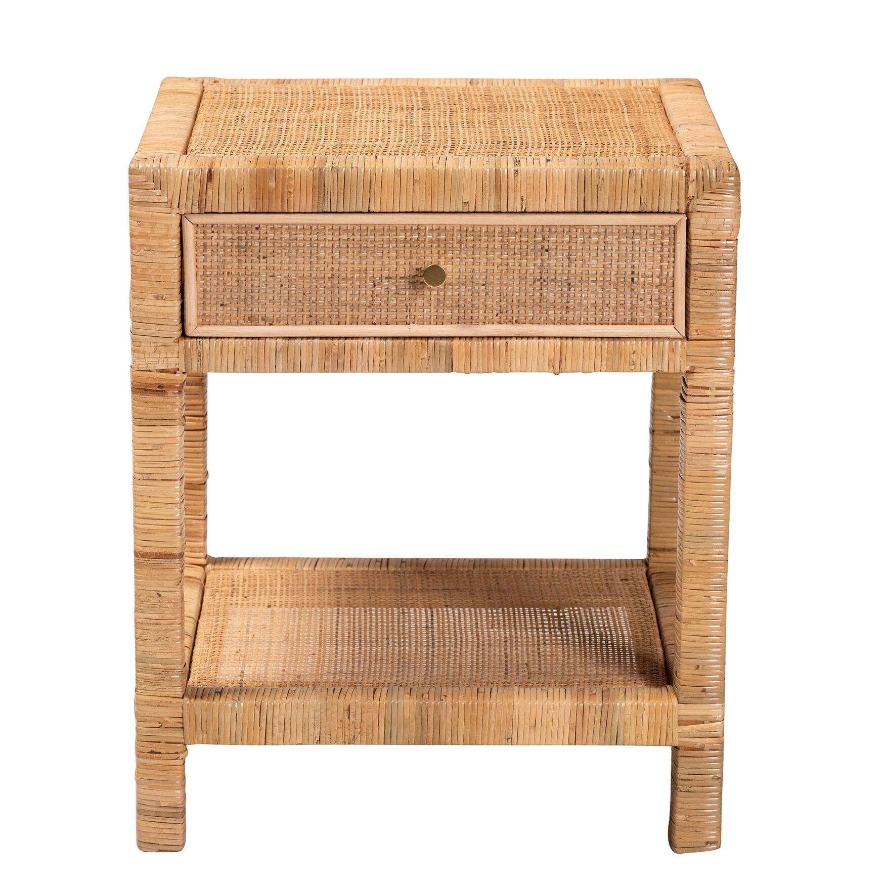 Adelia Modern Bohemian Natural Rattan And Mahogany Wood 1-Drawer Nightstand, , alternate image number 2