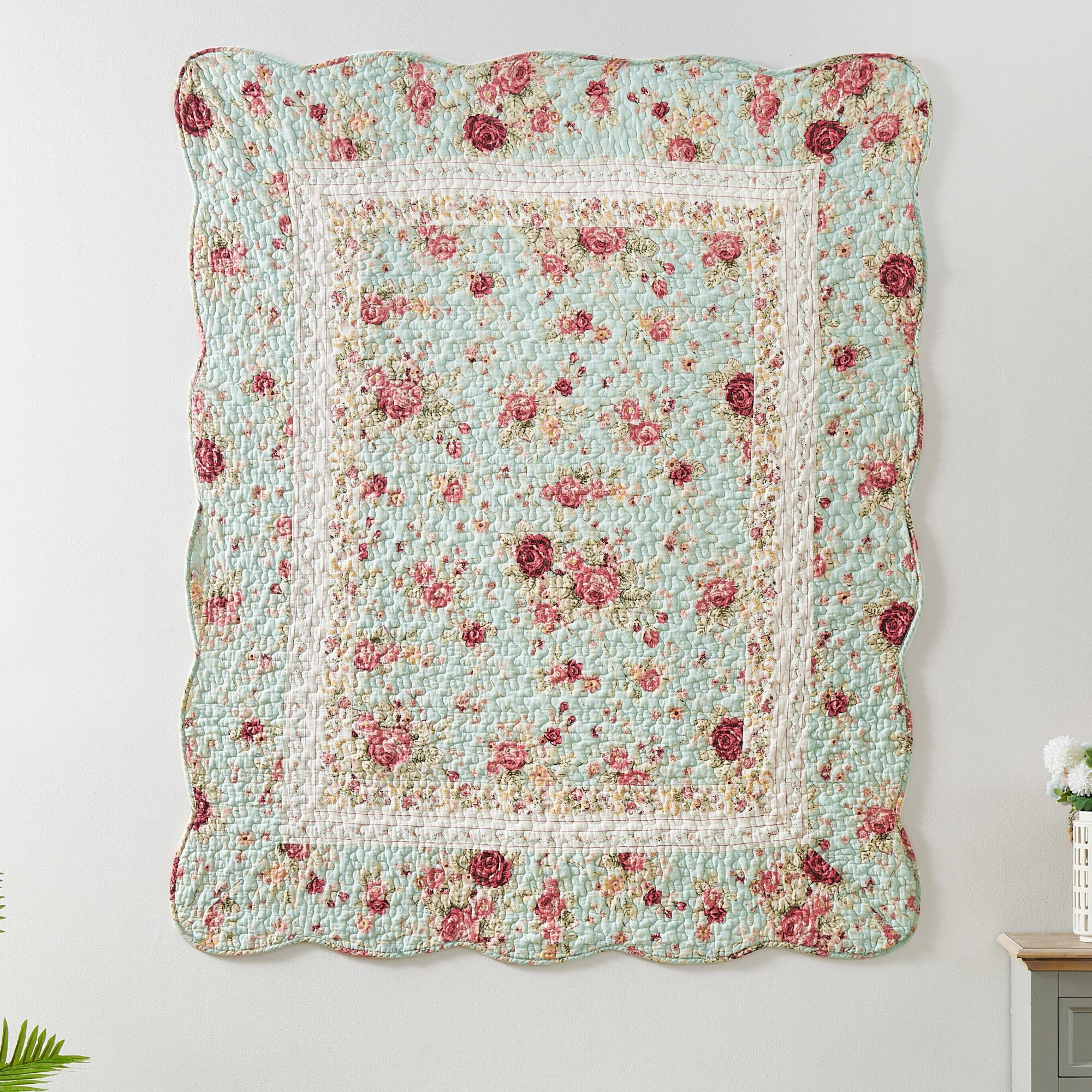 Antique Rose Vintage Floral Quilted Throw Blanket, Ecru, BLUE, alternate image number 3