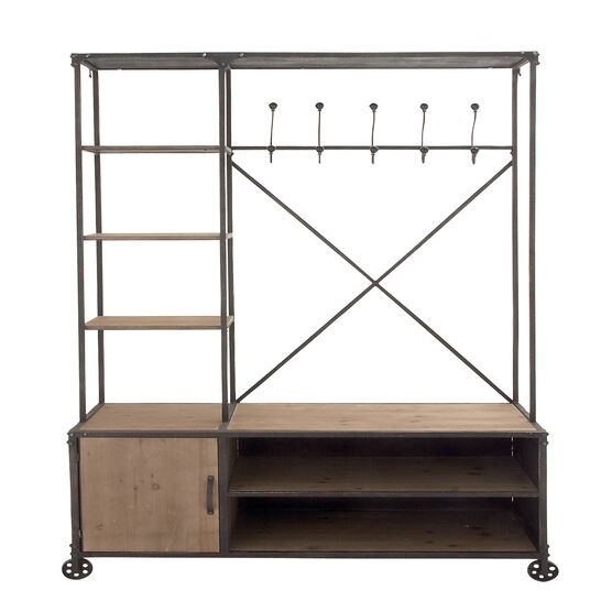 Industrial Rectangular Brown Wood and Metal Multi-Tiered Clothing Rack, 72"H x 44"L x 17"W, BROWN, hi-res image number null
