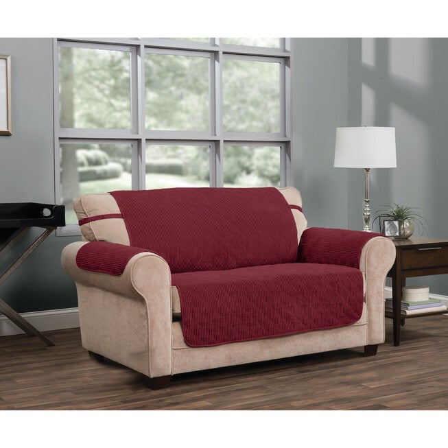 Ripple Plush Secure Fit Loveseat Furniture Cover Slipcover, BURGUNDY, hi-res image number 0
