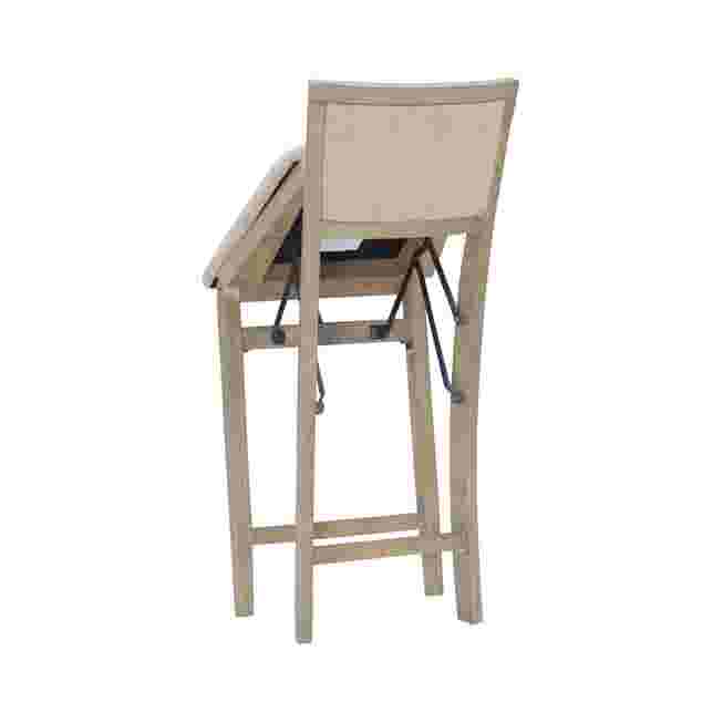 Rear view of a grey wash folding stool with the seat tilted