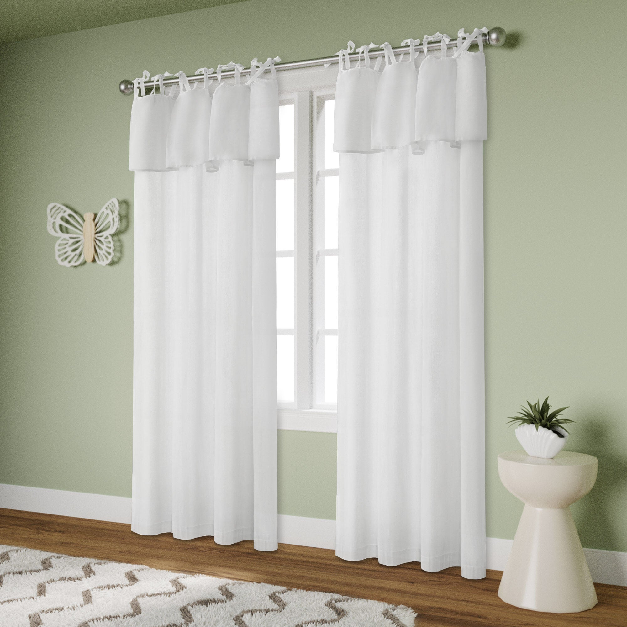 Recycled Cotton Blend Ruffle Tie Top Curtain Pair, WHITE, alternate image number 2